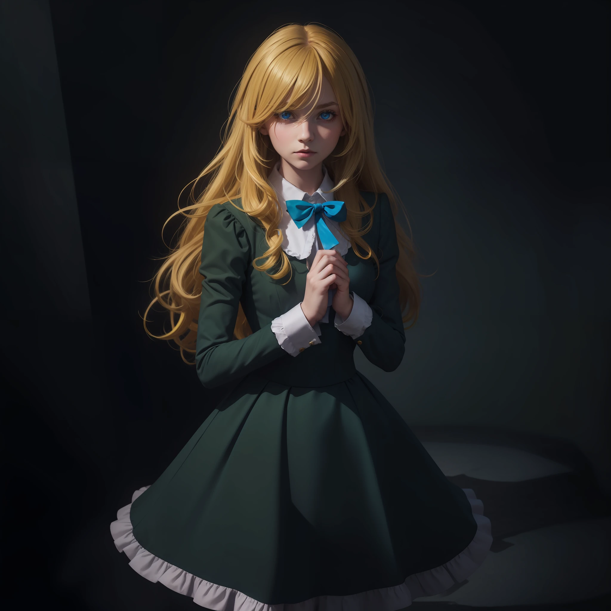 (blue bow around the neck), young girl, dark green frock coat, dynamicpose, yellow hair, Art Gallery, blue eyes, black long tights, Rose in hand