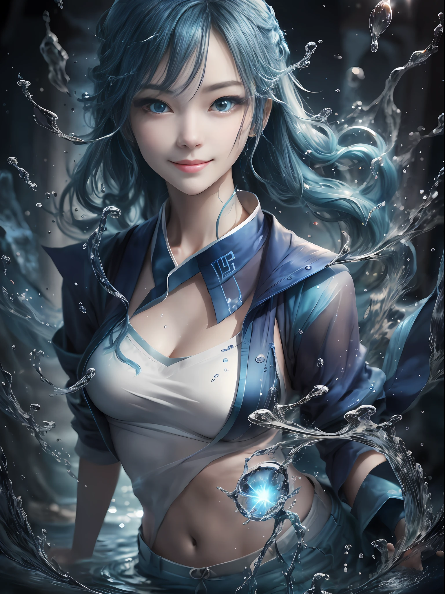 Blue color hair。Long pants。Long pants。耳Nipple Ring。Luminous Eyes。kosmos。huge smile。water element。water magic。Water weapons。Beauty manipulating water。Free water。Floating water(Award-winning digital works:1.3)(Sketched:1.3)、(Energetic:1.3)、cgsociety、art stations、(chroma:1.3)、(close portrait:1.3)、(femele:1.4)、(Beautiful fece:1.4)、(carismatic:1.3)、Elaborate Eyes、Studio Lighting、Theme Background。Luminous Eyes。blue hairs。particles floating。Poses in motion。