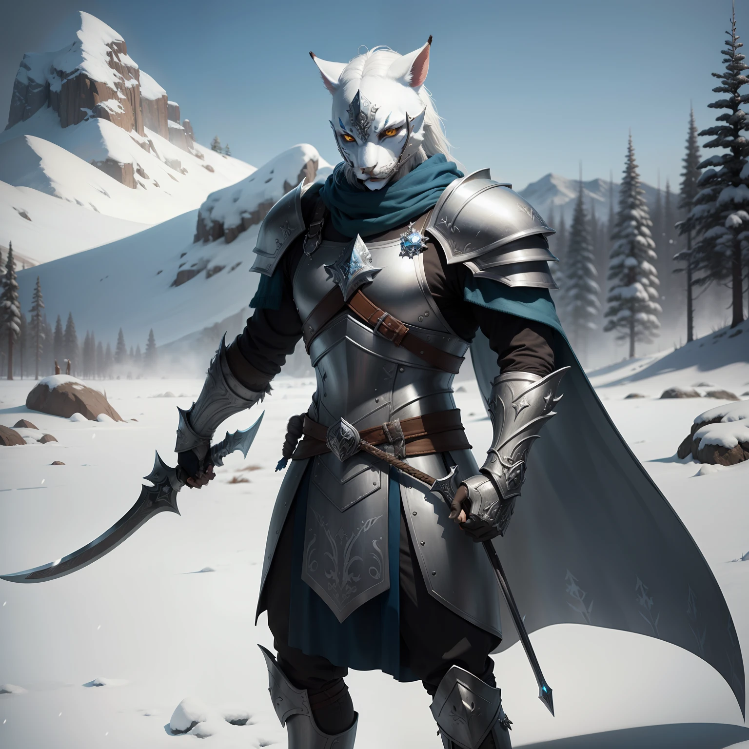 (Estilo Realista) An icy warrior Khajiit standing in a snowy field, segurando uma espada de gelo, Armadura Azulada e prata, intrincate details