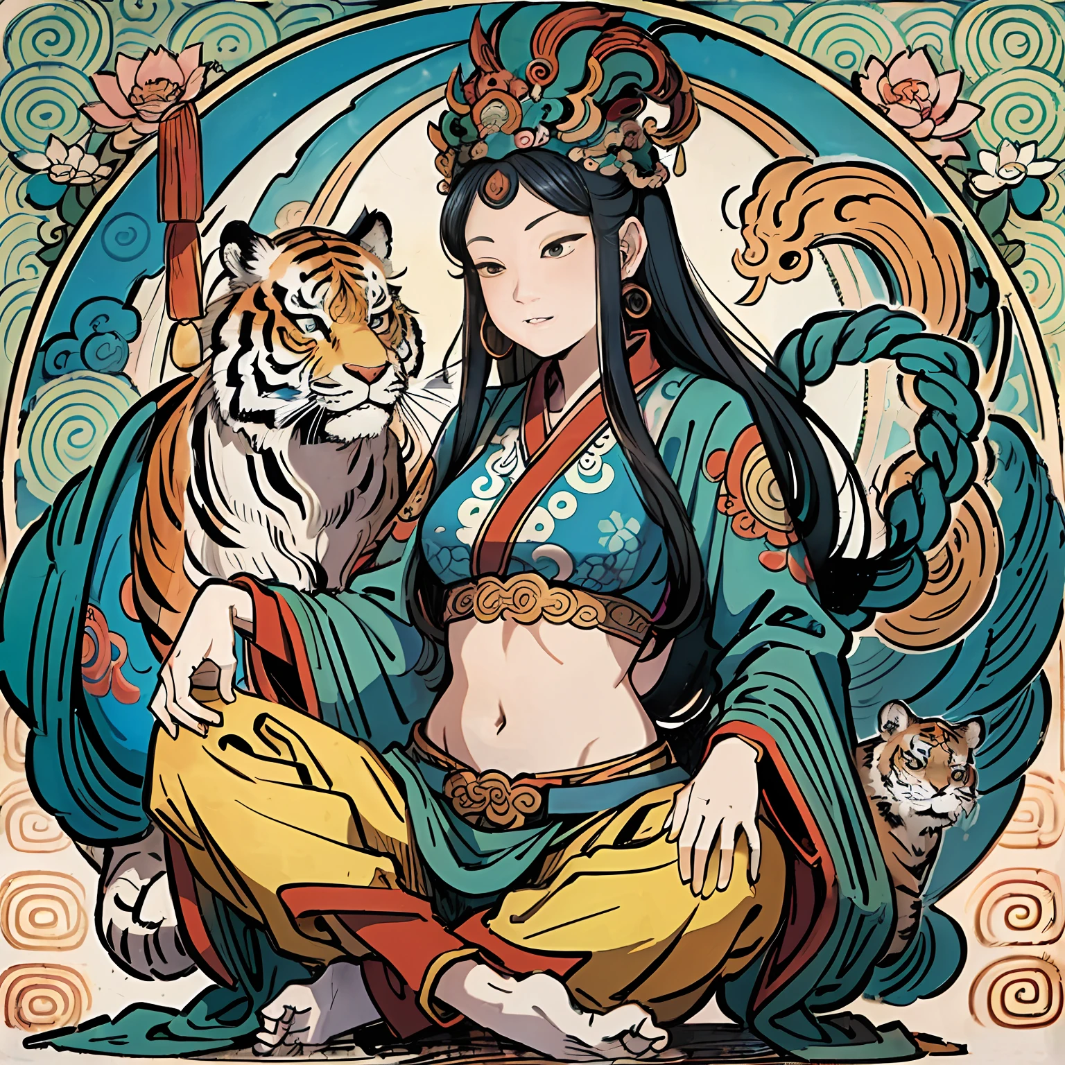 an ancient Chinese goddess, guanyin of the southern seas, Guanyin, Inspired by India, Avalokiteshvara rides a tiger,,Serene expression,shui mo hua,Buddha,Buddhist,Lotus,Chinese painting style,Thangka style