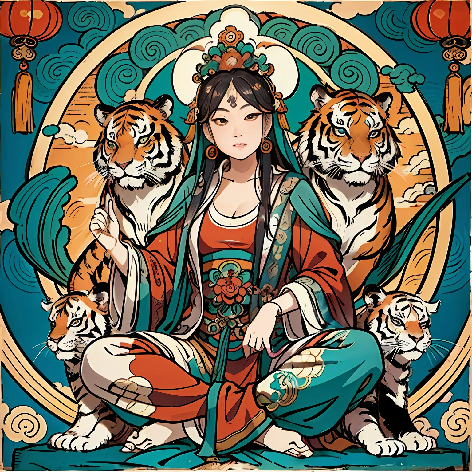an ancient Chinese goddess, guanyin of the southern seas, Guanyin, Inspired by India, Avalokiteshvara rides a tiger,,Serene expression,shui mo hua,Buddha,Buddhist,Lotus,Chinese painting style,Thangka style