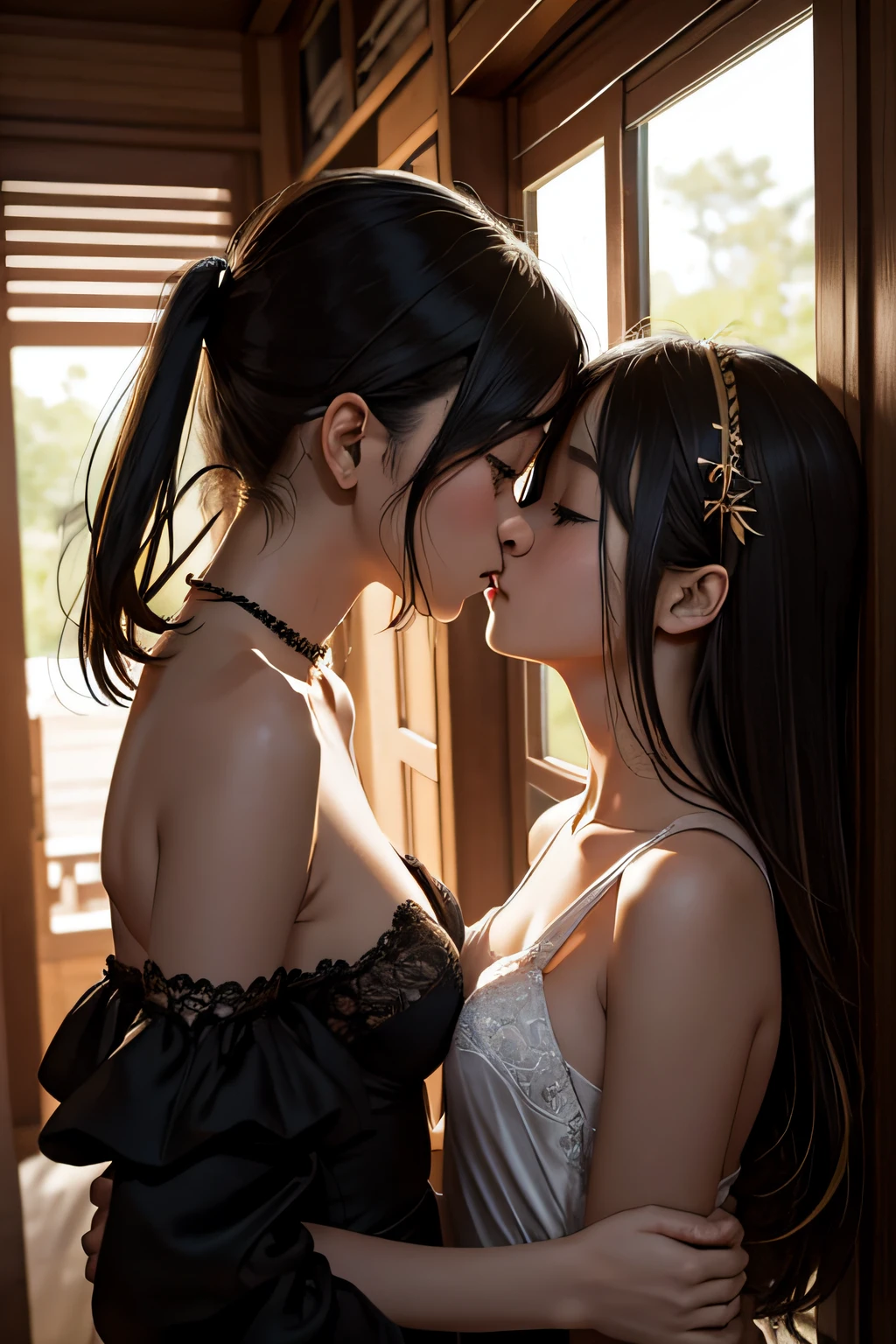 Fantastic realism、bokeh dof、ultra-detailliert、Two girls facing each other、Chest and chest、Intense kiss、Black and blonde girl、nudde、inside the house、Narrow storage room、细致背景、