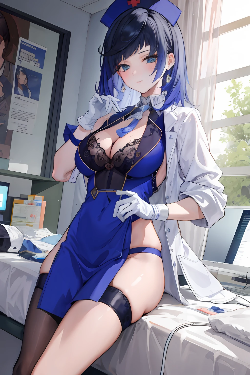 master piece, beste-Qualit, detailded, seulement, 1fille, nurse, bas, seductive pose, nurse cap, rideaux de poitrine, Gants, Souriant, attentive, compatissant, interagir, amical, chaleureux, hospital, Medical Clinic, nursing position, chevet du patient, salle de traitement, Medical equipment, fournitures, hospital beds, moniteurs, medicaments, patient, Colleagues, traditionnel, bleu clair, protecteur, background, cadre, medical, clinique, chevet, traitement, equipment, fournitures, hospital bed, moniteur, medicaments, masque chirurgical, Cheveux courts, seins moyens, beaux yeux bruns, décolleté, gros seins, transpiration, rougissement, respiration lourde, masque chirurgical, Medical gloves, lingerie, bas, seductive pose, (Pluie), rideaux de poitrine,