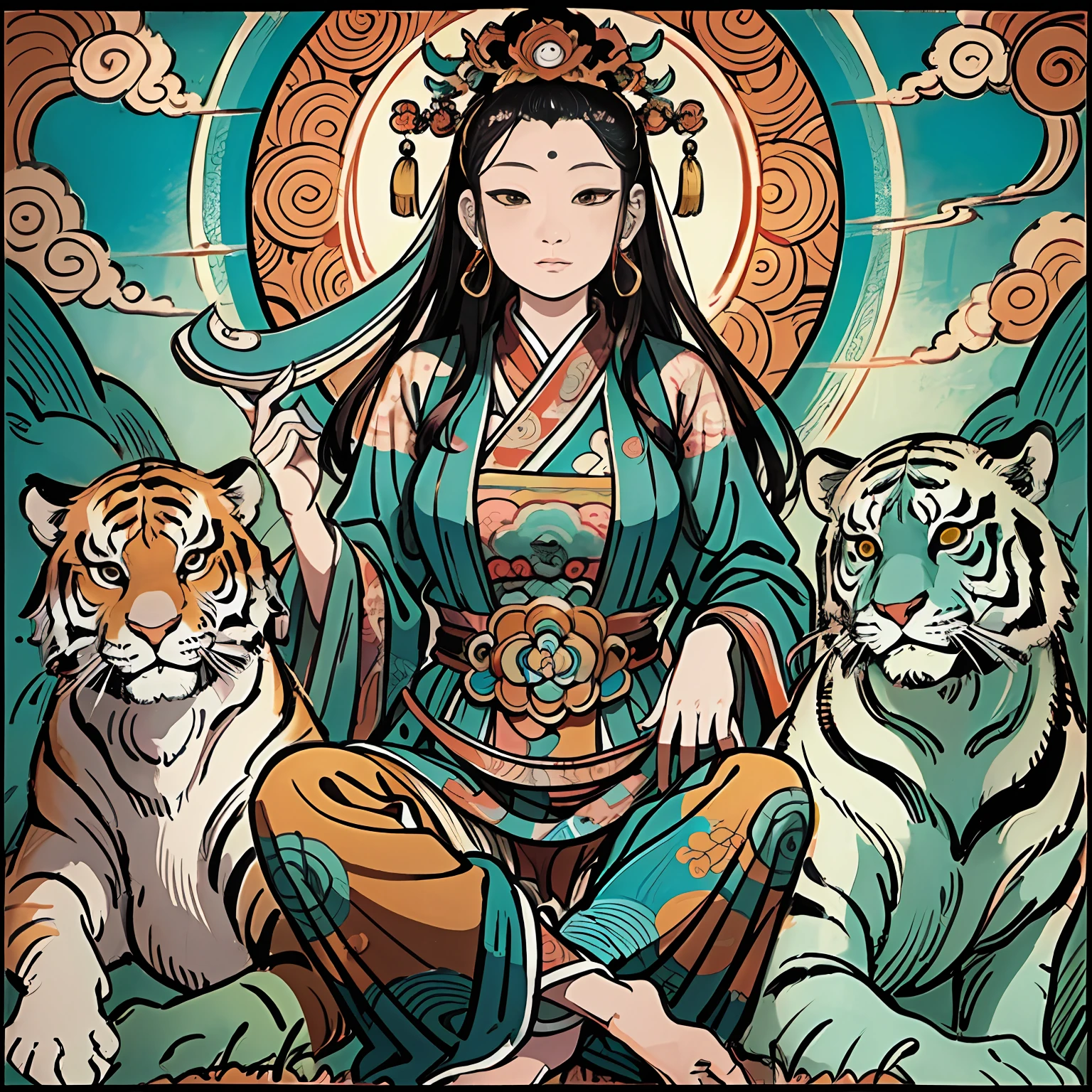 an ancient Chinese goddess, guanyin of the southern seas, Guanyin, Inspired by India, Avalokiteshvara rides a tiger,,Serene expression,shui mo hua,Buddha,Buddhist,Lotus,Chinese painting style,Thangka style
