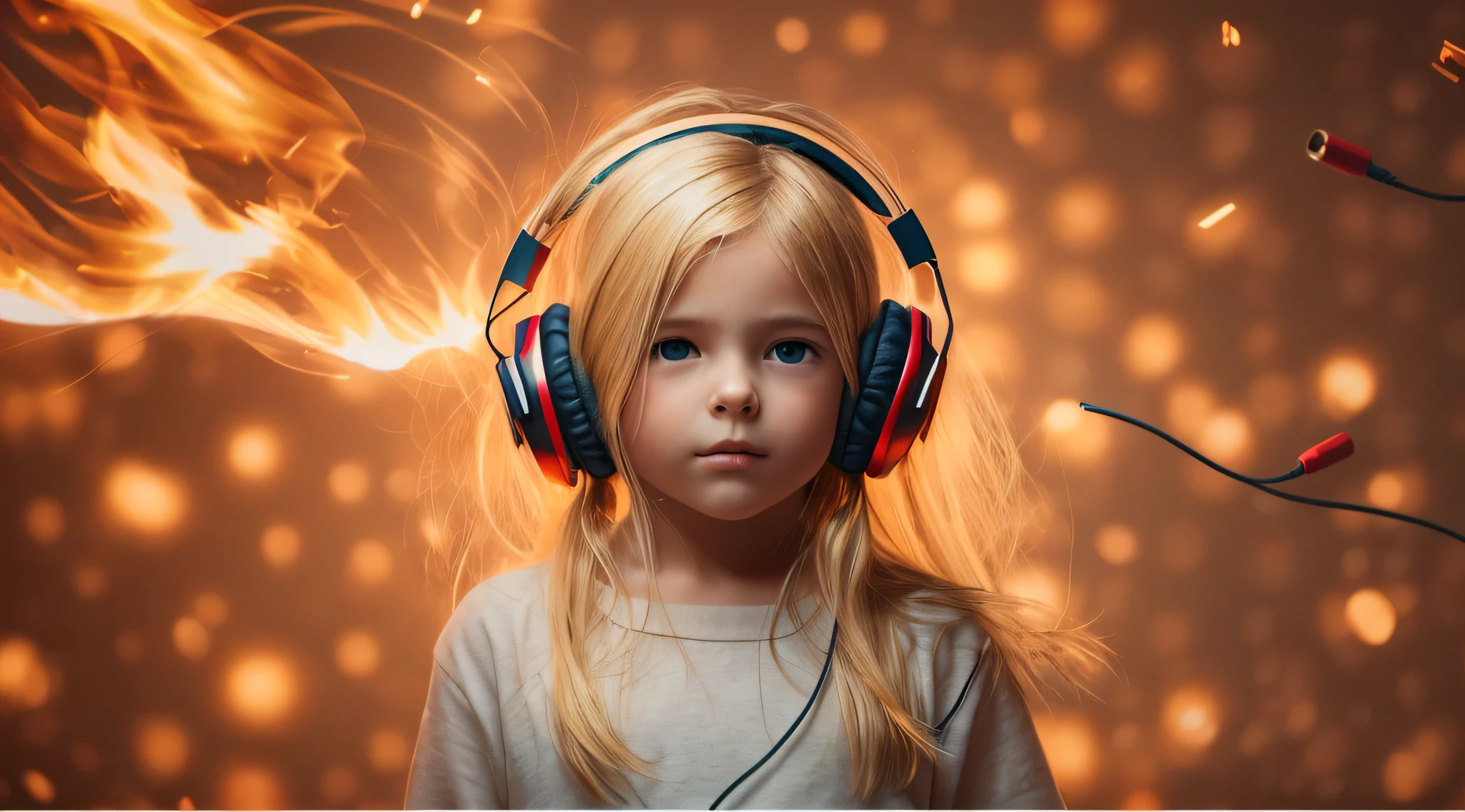 CHILD BLONDE LONG HAIR USING a headphone , fire, thunderbolt, segurando uma disco ball