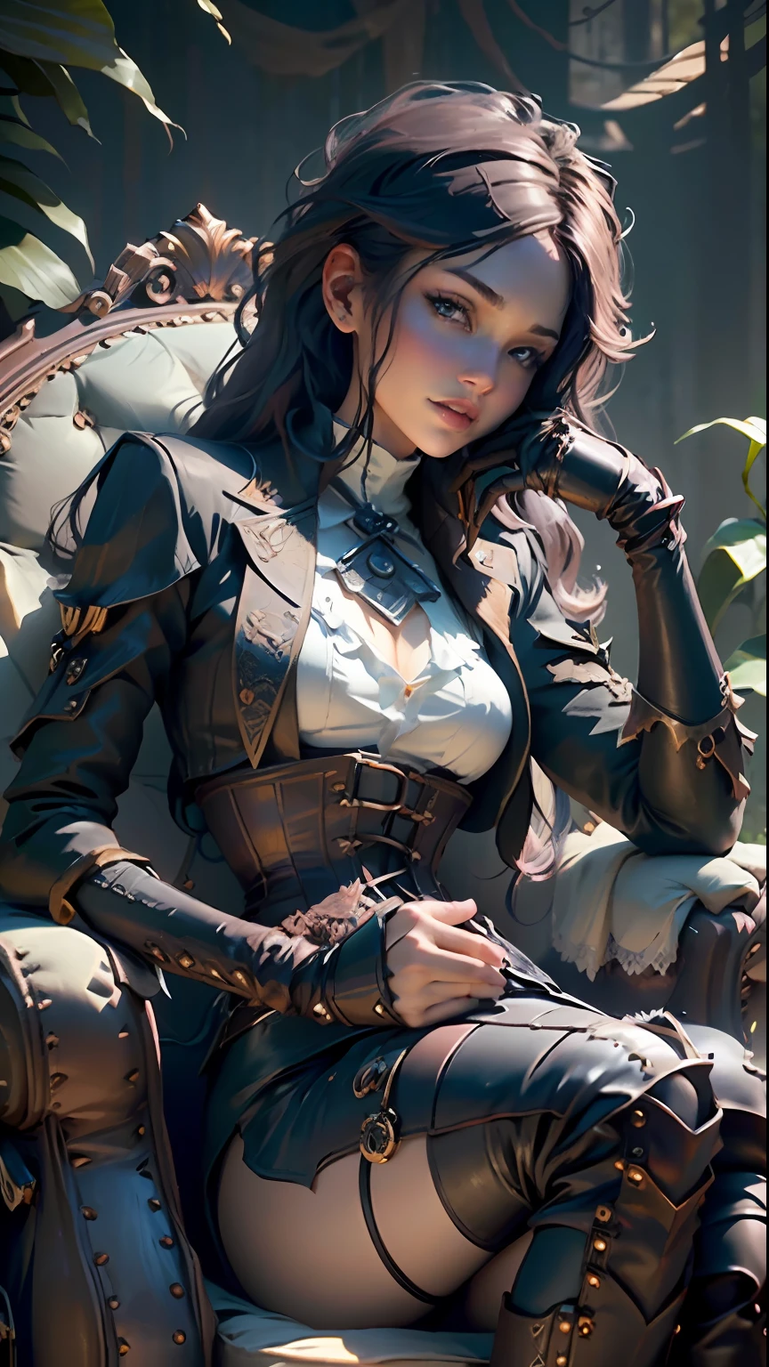 ((Best quality)), ((masterpiece)), (detailed:1.4), 3D, Award - winning shot of steampunk sexy gal, sitting on a purple armchair, surrounded by black crows, in a creepy foresta, gothic atmosphere, hyper - realistic photograph, steampunk style, purple corset, Unreal 5,Subsurface scattering,PBR Texturing,Post-processing,Anisotropic Filtering,Depth-of-field,Maximum clarity and sharpness,Multi-layered textures,Albedo and Specular maps,Surface shading,Accurate simulation of light-material interaction,Perfect proportions,Octane Render,Two-tone lighting,Wide aperture,Low ISO,White balance,Rule of thirds,8K RAW,
