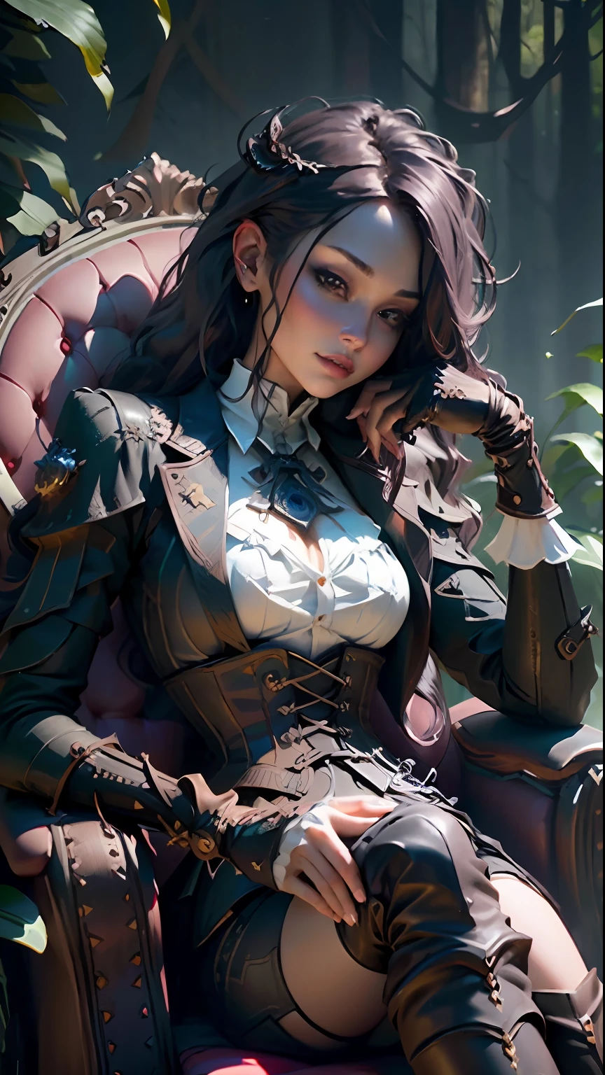 ((Best quality)), ((masterpiece)), (detailed:1.4), 3D, Award - winning shot of steampunk sexy gal, sitting on a purple armchair, surrounded by black crows, in a creepy foresta, gothic atmosphere, hyper - realistic photograph, steampunk style, purple corset, Unreal 5,Subsurface scattering,PBR Texturing,Post-processing,Anisotropic Filtering,Depth-of-field,Maximum clarity and sharpness,Multi-layered textures,Albedo and Specular maps,Surface shading,Accurate simulation of light-material interaction,Perfect proportions,Octane Render,Two-tone lighting,Wide aperture,Low ISO,White balance,Rule of thirds,8K RAW,