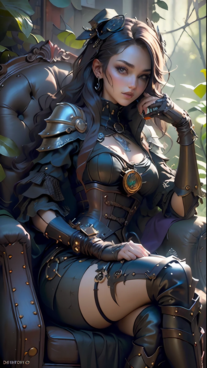 ((Best quality)), ((masterpiece)), (detailed:1.4), 3D, Award - winning shot of steampunk sexy gal, sitting on a purple armchair, surrounded by black crows, in a creepy foresta, gothic atmosphere, hyper - realistic photograph, steampunk style, purple corset, Unreal 5,Subsurface scattering,PBR Texturing,Post-processing,Anisotropic Filtering,Depth-of-field,Maximum clarity and sharpness,Multi-layered textures,Albedo and Specular maps,Surface shading,Accurate simulation of light-material interaction,Perfect proportions,Octane Render,Two-tone lighting,Wide aperture,Low ISO,White balance,Rule of thirds,8K RAW,