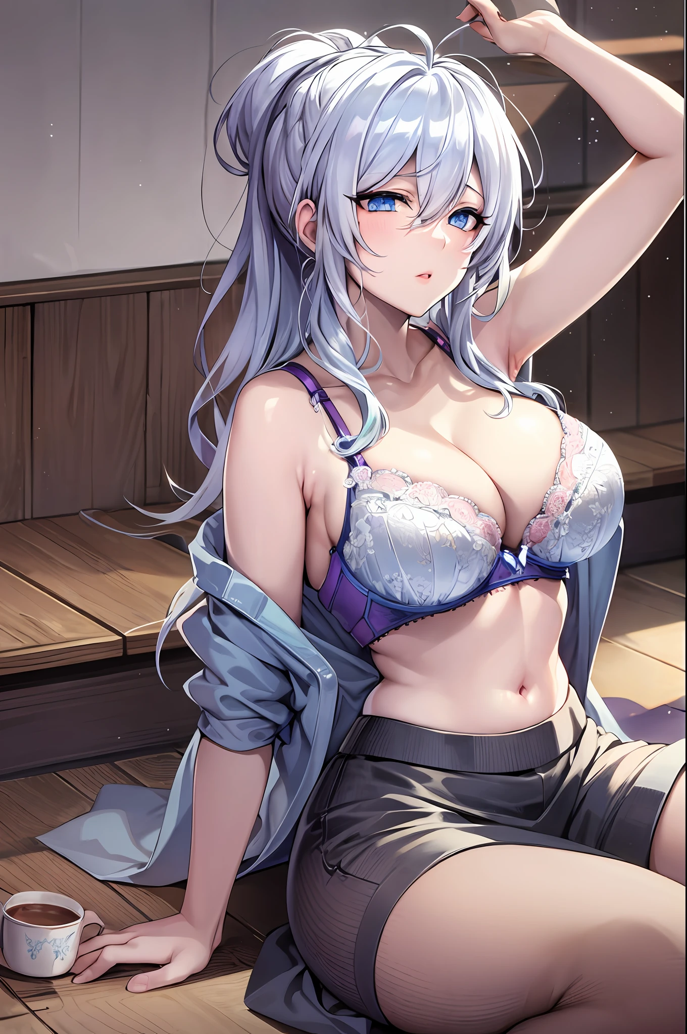 Best quality, silver hair and blue eyes, large breasts, cleavage, navel, t-shirt, ((bra)),clothes lift, skirt, lying, full Body, perfect body ,sitting, armpit