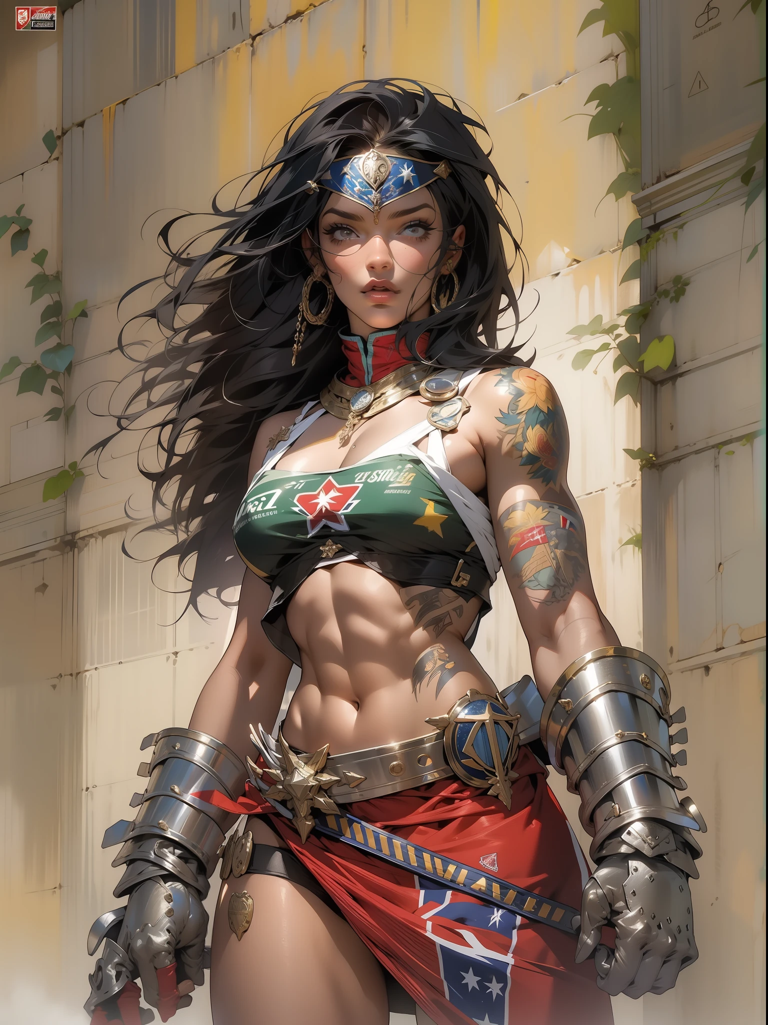 (((mulher))), (((melhor qualidade))), (((obra prima))), (((adulta))), Uma guerreira mulher de 35 anos com corpo perfeito, Brooklyn Gladiators, hand with steel gloves and metal tips, (( under boobs )), quase nua no estilo selvagem urbano de Simon Bisley para a capa da revista 2000 A.D., cabelo loiro, Minimum clothing, armadura (roupa feita com a bandeira do Reino Unido 🇬🇧 ), cheio de pontas e rebites manchadas de tinta, tatuagem de estrelas de 5 pontas, (((corpo inteiro))), cabelo preto curto com franja branca cobrindo a testa