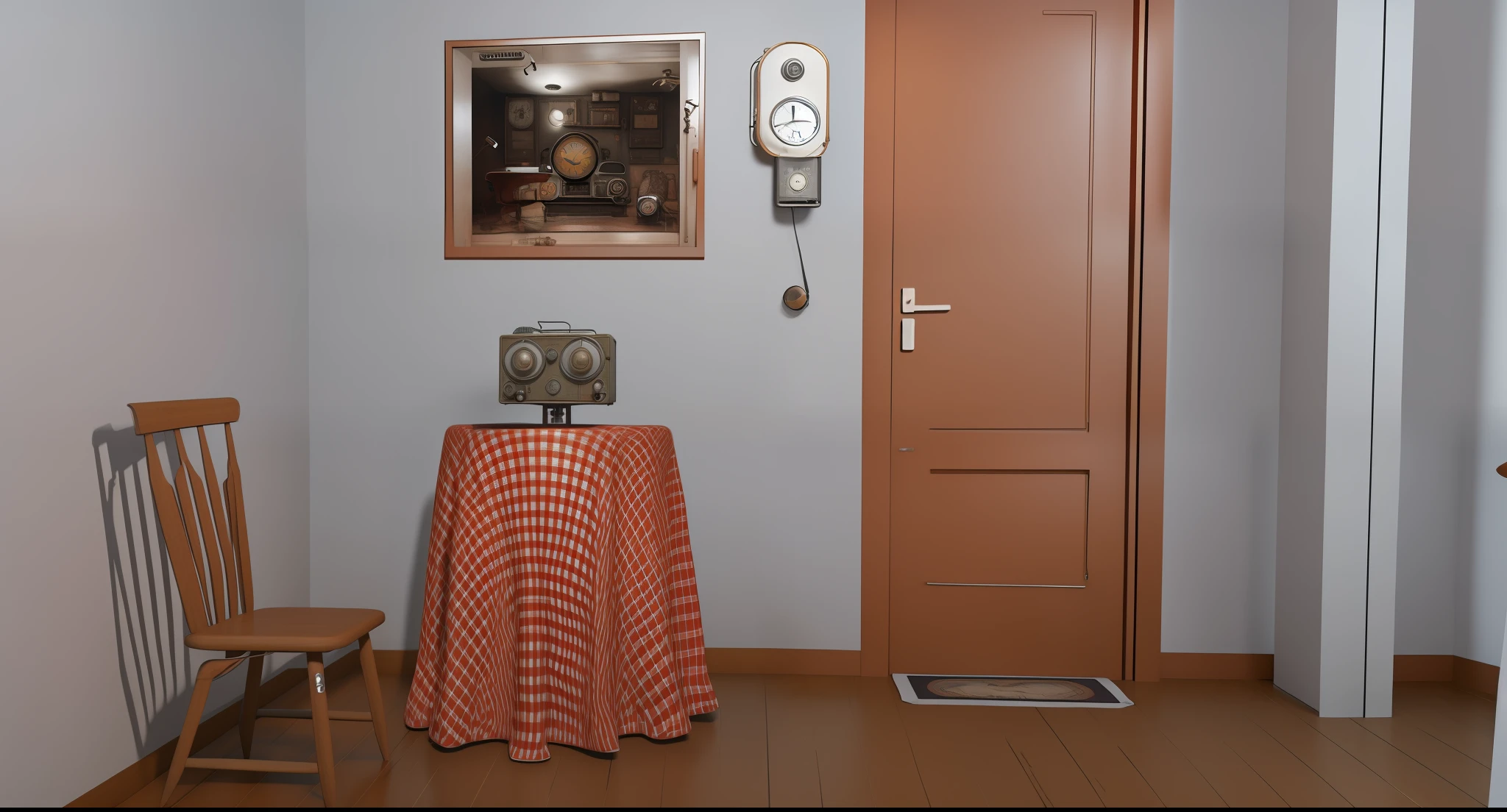 There is a room with a table a radio on the table and a clock on the wall, indoor scene, interior scene, 3D scene, 3D scene, photorealistic rendering, Realistic scene, photorealistic bedroom, photorealistic screenshot, Decoration 1 9 5 0 , Highly detailed Hyper Real Retro, 3D stylization scene, in an old house. hyper realistic