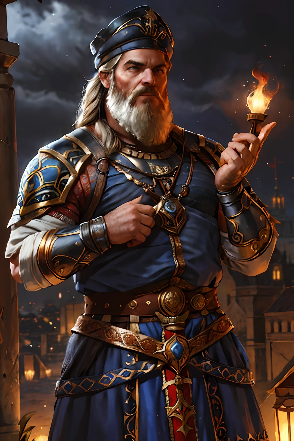 1boy, Athletic male in ornate heavy armor, cheveux noirs, Barbe multicolore, yeux bleus, Cap rouge, mains sur les hanches, Nuit, Realstic