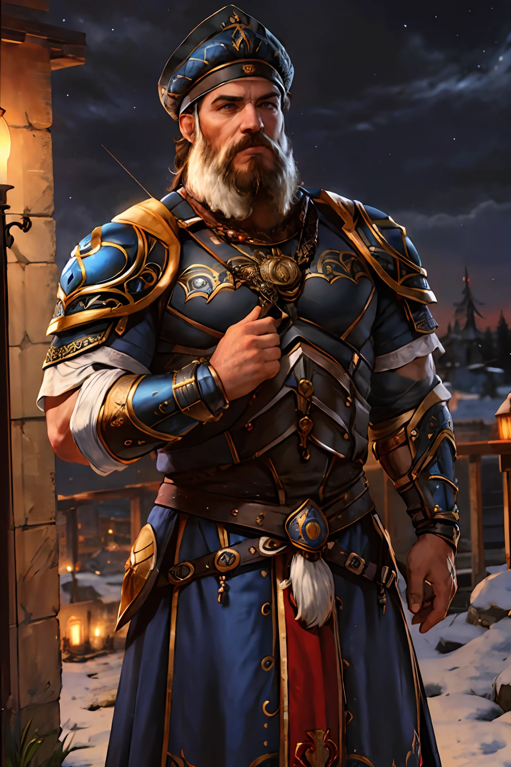1boy, Athletic male in ornate heavy armor, cheveux noirs, Barbe multicolore, yeux bleus, Cap rouge, mains sur les hanches, Nuit, Realstic