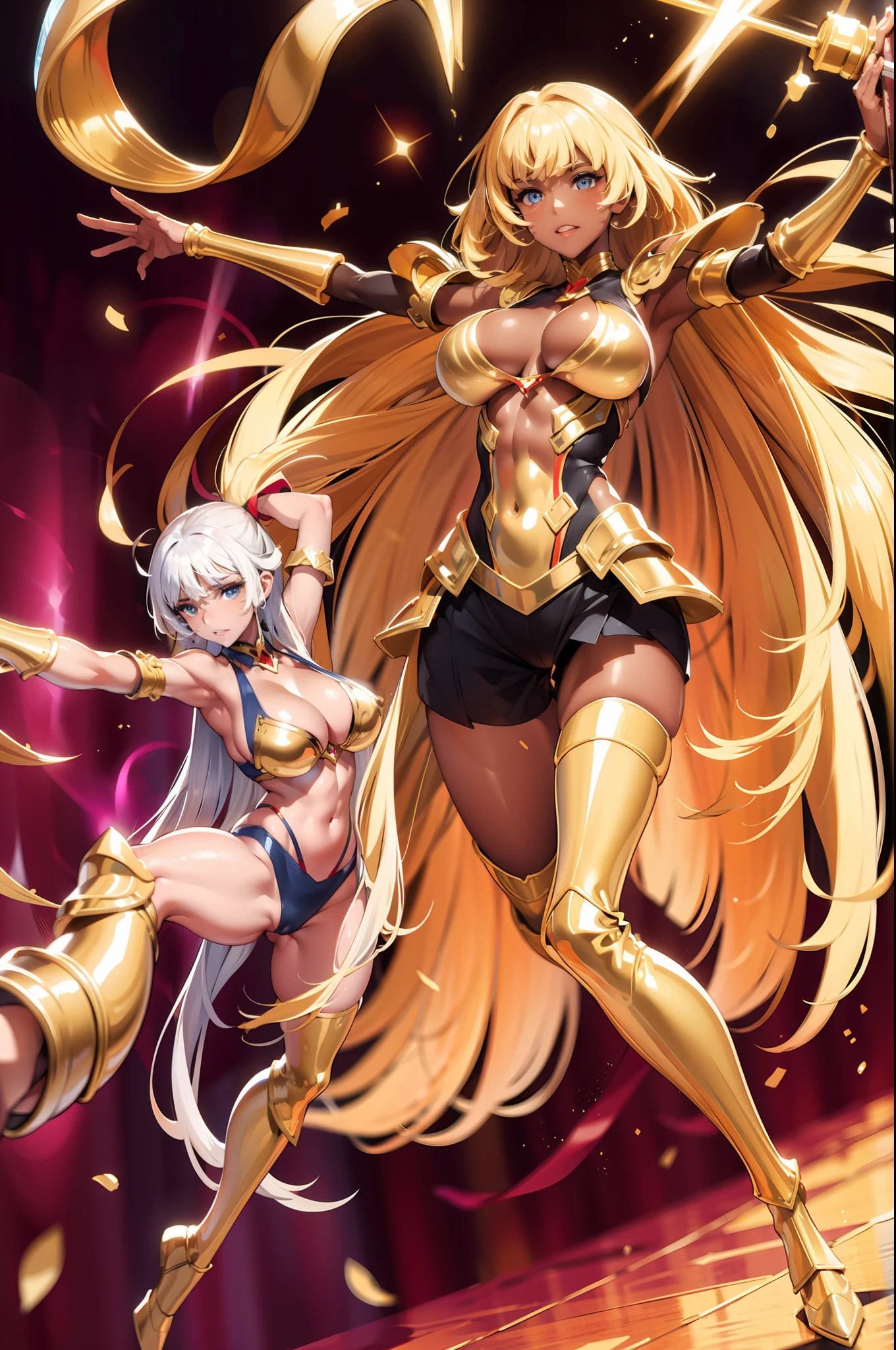 primer plano. An photo of one very beautiful and attractive female gladiator, wearing various golden pieces of armor and raising their arms with weapon upward. stained with red liquid.