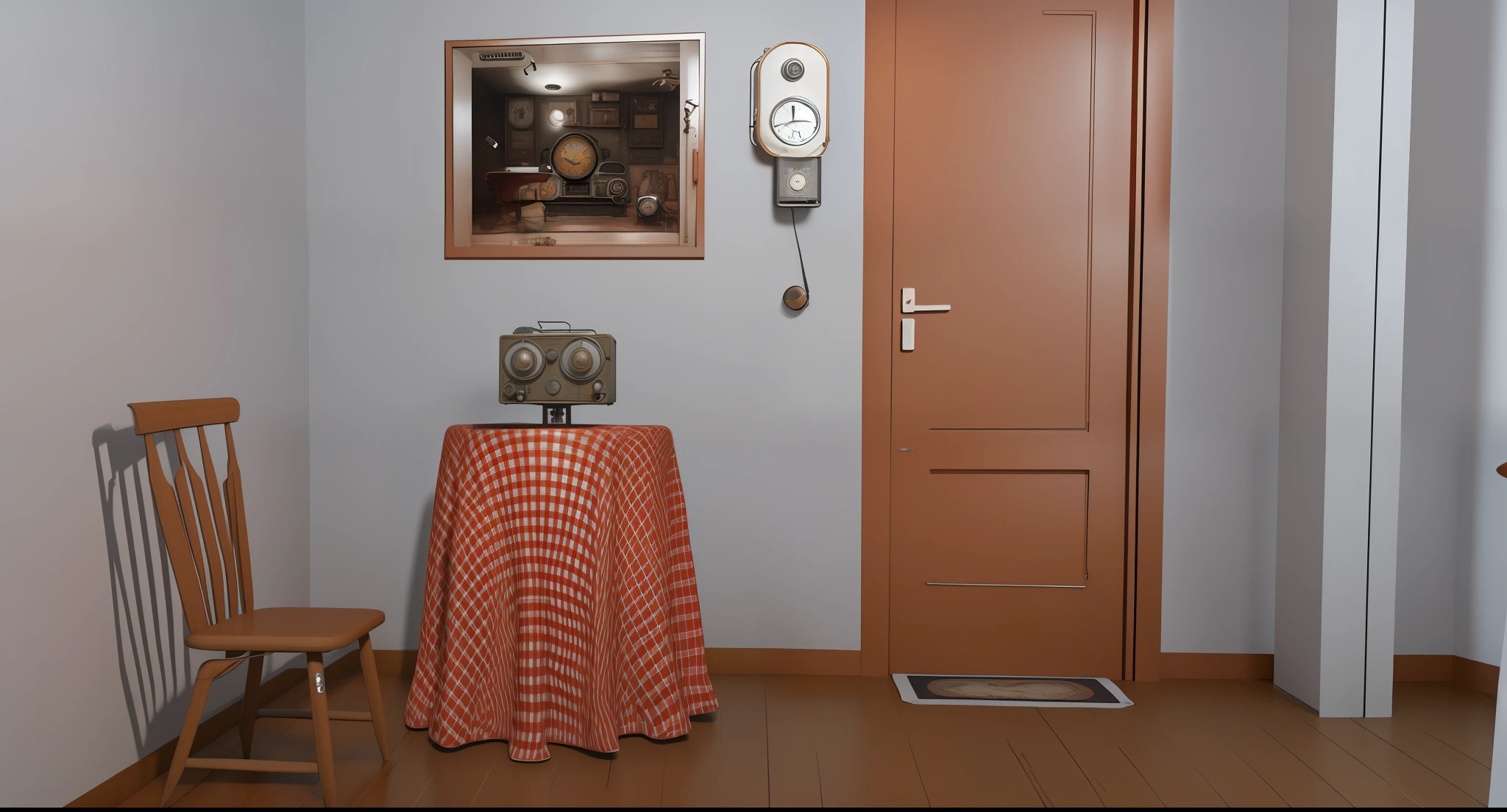 There is a room with a table a radio on the table and a clock on the wall, indoor scene, interior scene, 3D scene, 3D scene, photorealistic rendering, Realistic scene, photorealistic bedroom, photorealistic screenshot, Decoration 1 9 5 0 , Highly detailed Hyper Real Retro, 3D stylization scene, in an old house. hyper realistic