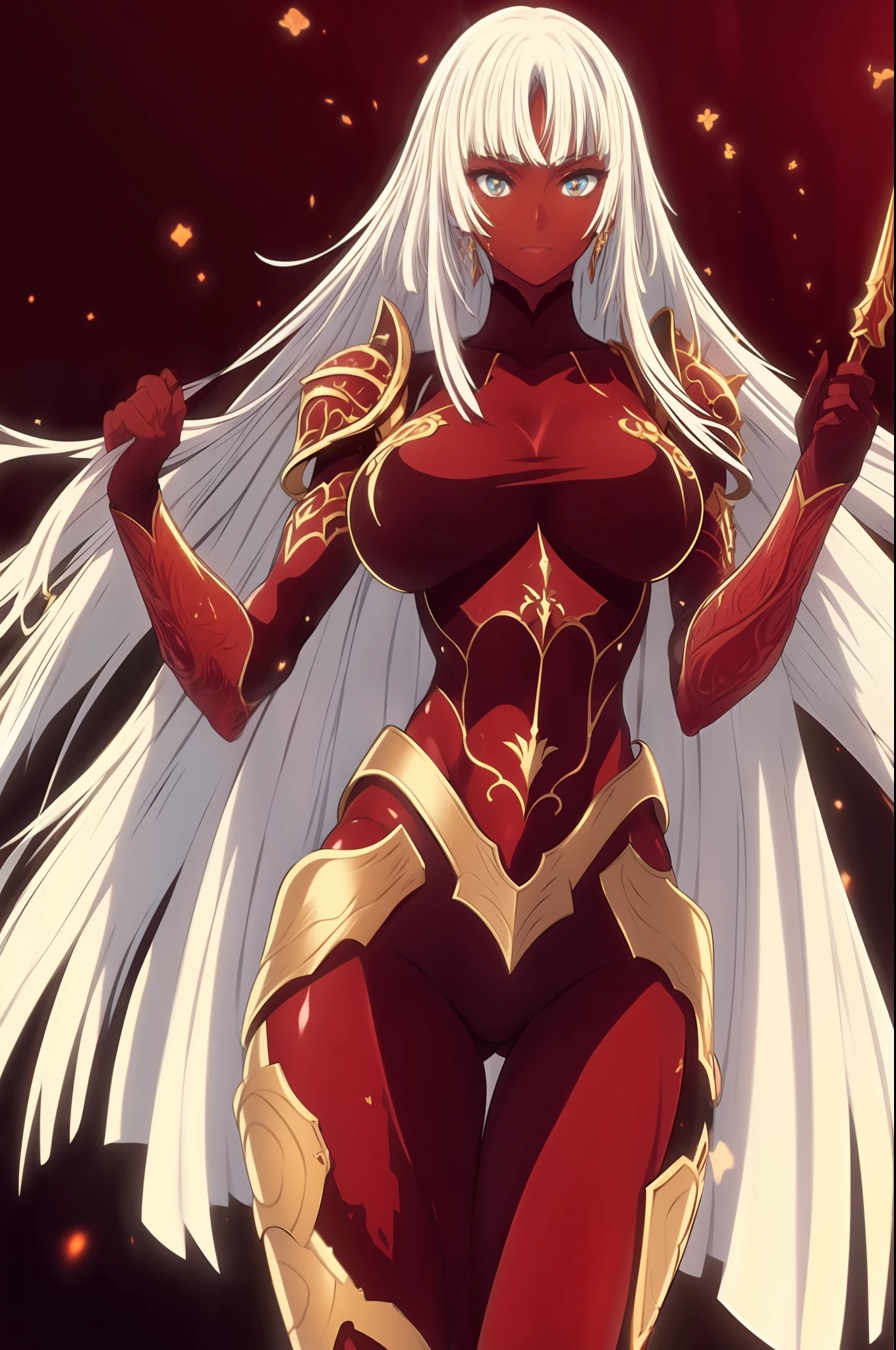 An photo of one very beautiful and attractive female gladiator, wearing various golden pieces of armor and raising their arms with weapon upward. stained with red liquid.((best quality))