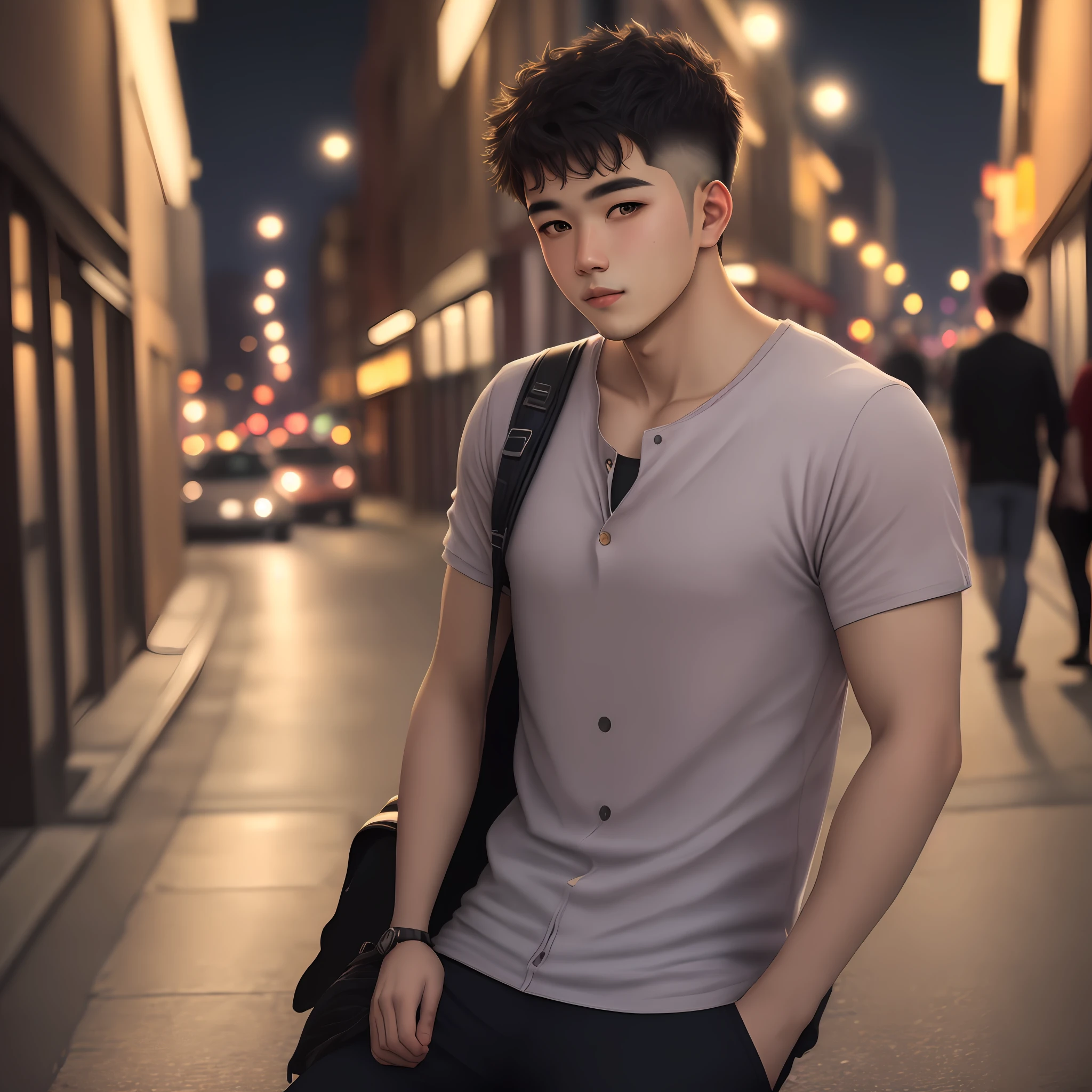 RAW Photo, 25 Years Old Casual Male Portrait Photo, Night, City Street, (High Detail Skin: 1.2), 8k UHD, DSLR, Soft Light, High Quality, Film Granule, Fujifilm XT3