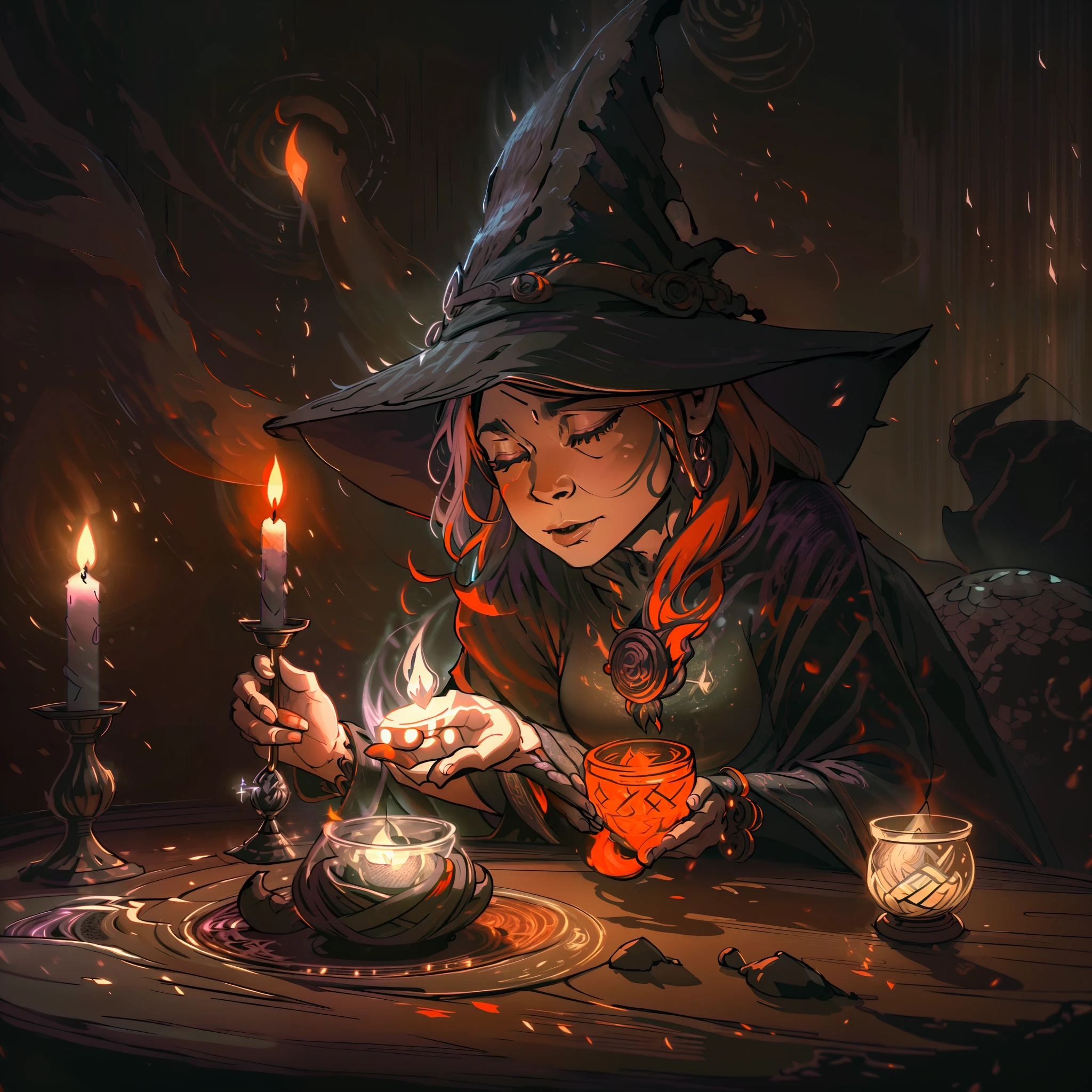 Witch making a magic spell, little dragon on a table,candle light, realistic style, 8k,exposure blend, medium shot, bokeh, (hdr:1.4), high contrast, (cinematic, orange and white film), (muted colors, dim colors, soothing tones:1.3), low saturation, (hyperdetailed:1.2),