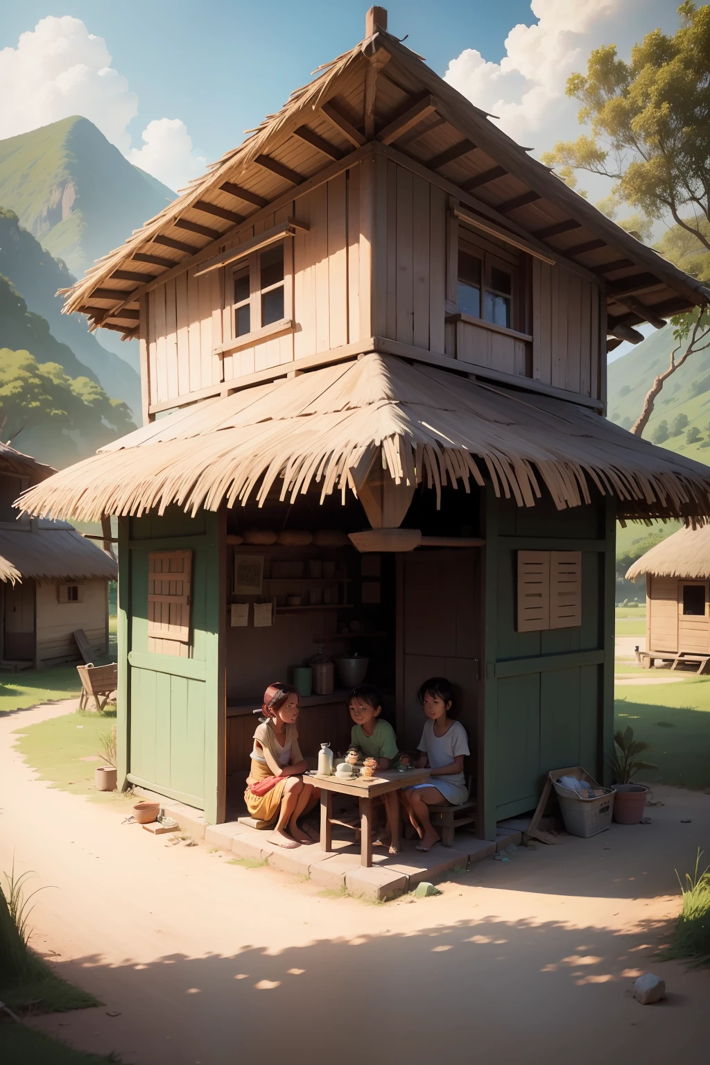 Create in cartoon form A poor family sitting in front of a hut in a small village.