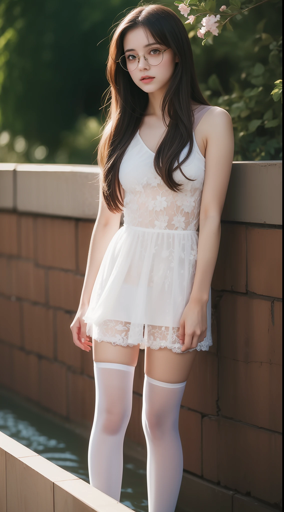 Beautiful young Margaret Qualley, The Last of Us, game, glasses, tiny sheer lace dress, white tights, hyperrealistic, 14 years old, model body, small breasts, beautiful breasts, long hair, layered hairstyle, blonde hair, legs long, 8k, lakefront, cherry blossom, sunlight, led lighting, blood on wall, pool of blood, full of human remains, detailed reflection, anime style