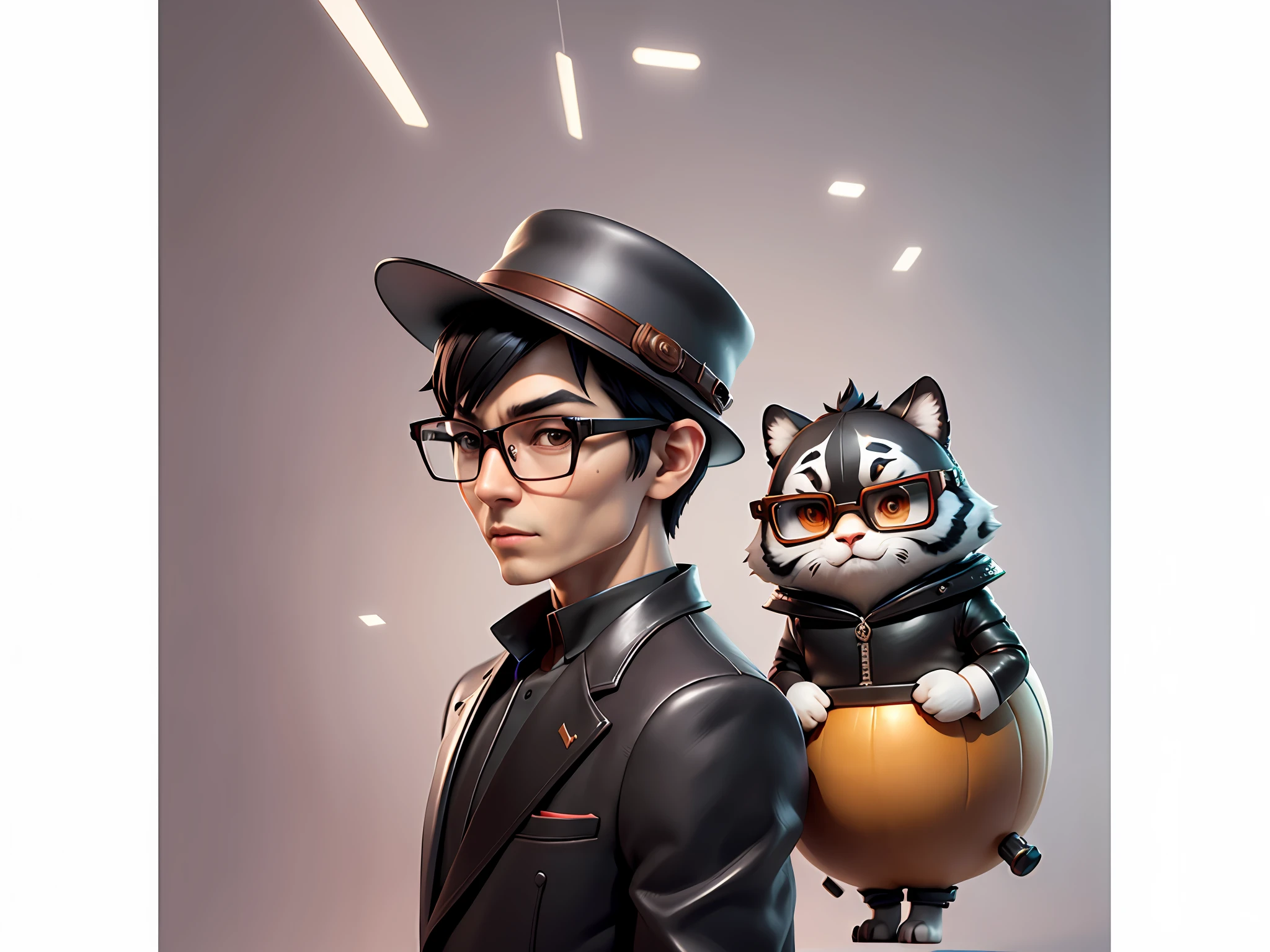 Young man with oriental face in leather hat, tiger, oriental face in formal suit, short black hair, silver glasses, digital painting, 3D character design by Mark Clairedon and Pixar and Hayao Miyazaki and Akira Toriyama, the illustration is a high-definition illustration in 4K resolution with very detailed facial features and cartoon-style visuals.