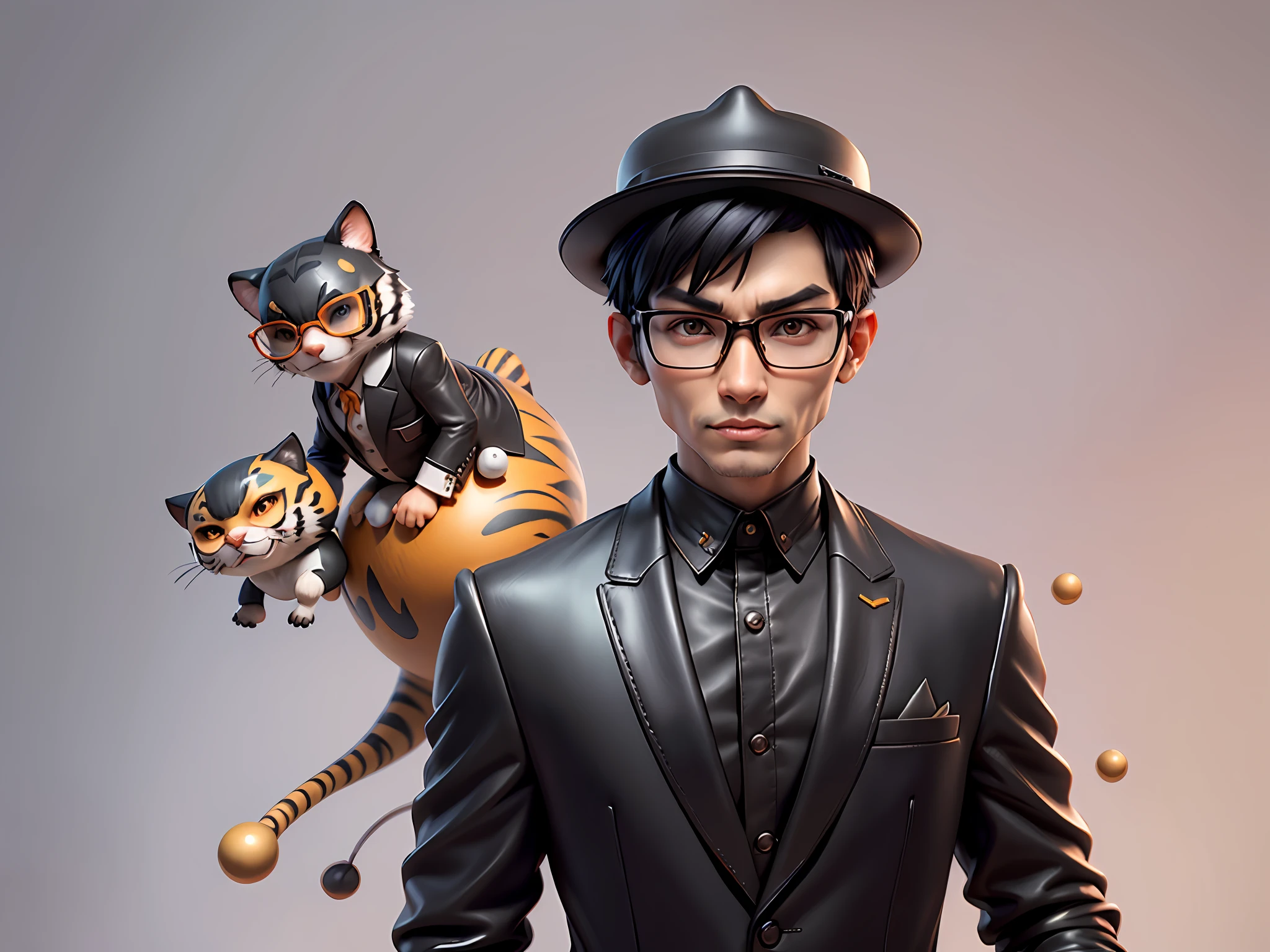 Young man with oriental face in leather hat, tiger, oriental face in formal suit, short black hair, silver glasses, digital painting, 3D character design by Mark Clairedon and Pixar and Hayao Miyazaki and Akira Toriyama, the illustration is a high-definition illustration in 4K resolution with very detailed facial features and cartoon-style visuals.