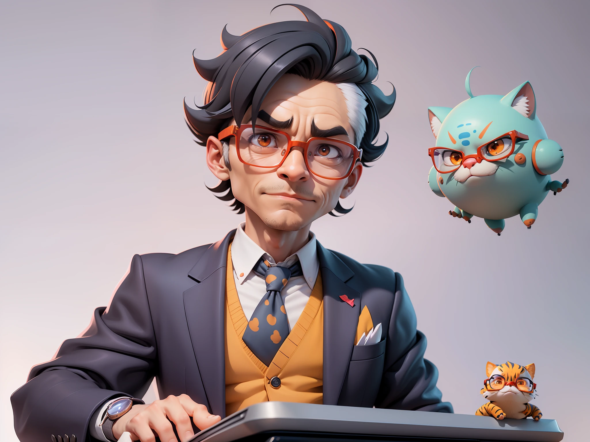 A young man in a suit, Short hair and glasses sat at his desk，holding laptop，digitial painting，tigre，3D character design by Mark Clairen and Pixar and Hayao Miyazaki and Akira Toriyama，4K HD illustration，Very detailed facial features and cartoon-style visuals。