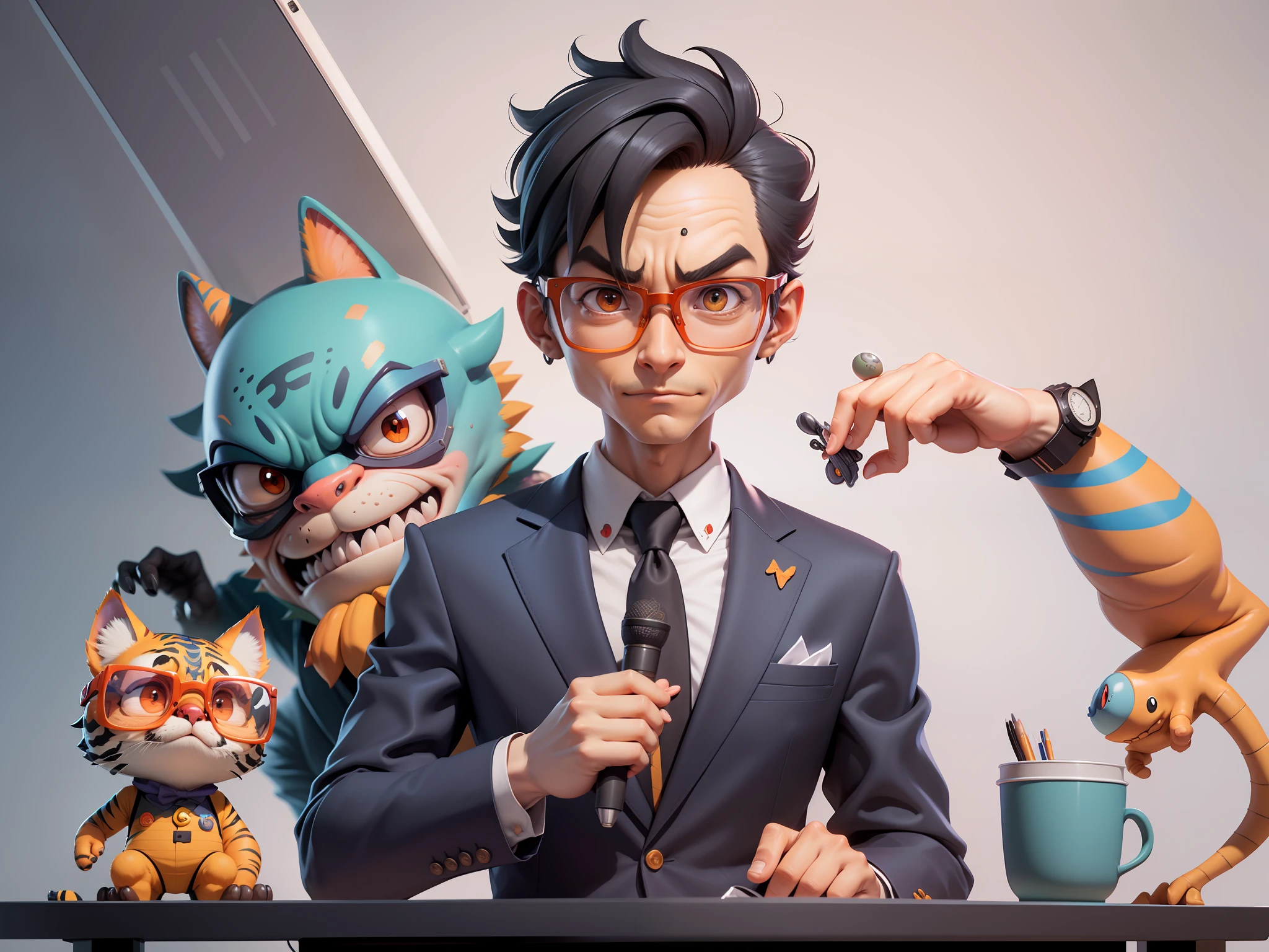 A young man in a suit, Short hair and glasses sat at his desk,holding laptop,digitial painting,tigre,3D character design by Mark Clairen and Pixar and Hayao Miyazaki and Akira Toriyama,4K HD illustration,Very detailed facial features and cartoon-style visuals。