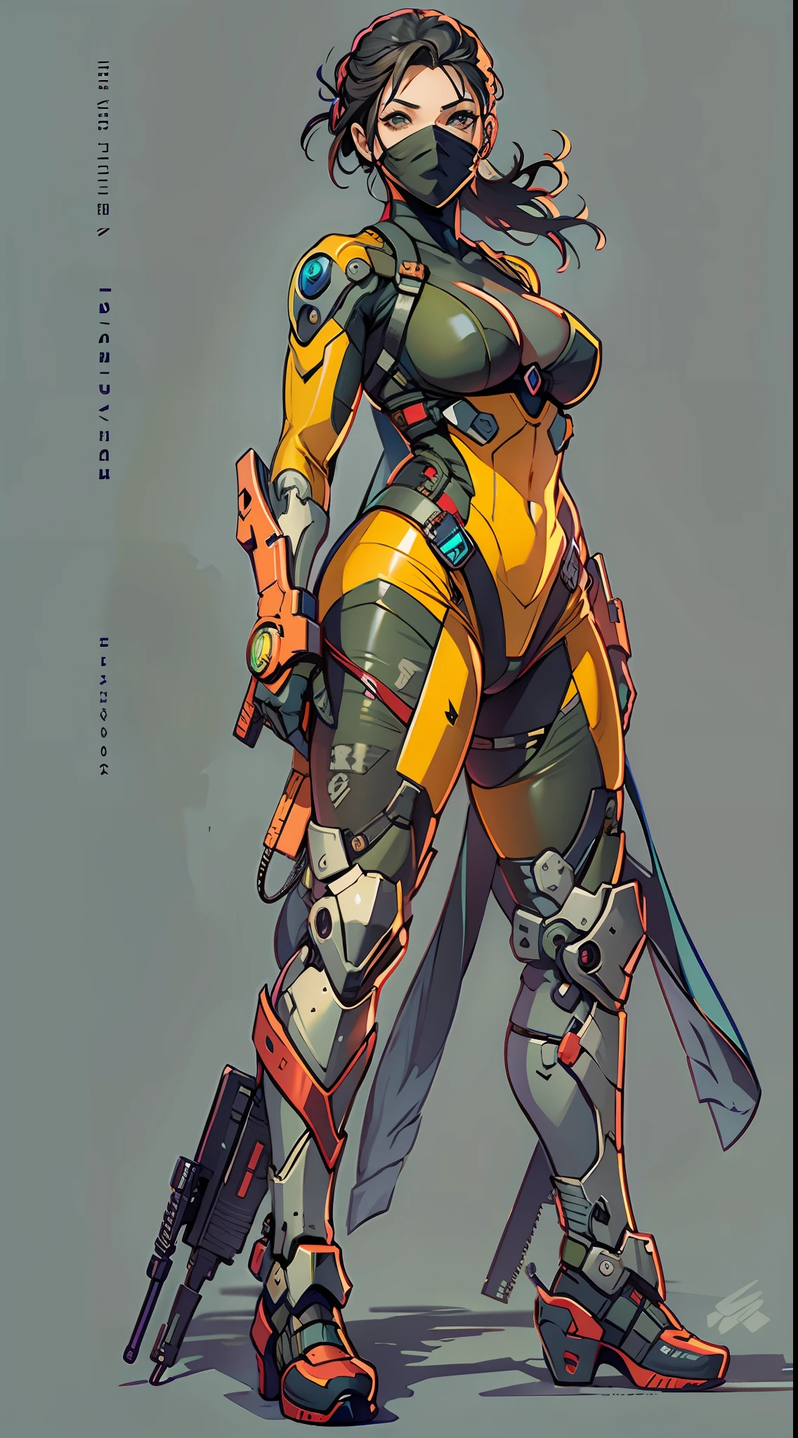 uma linda mulher ninja cyborg de longos cabelos roxos com olhos amarelos e possui uma espada de lamina vermelha no estilo metal gear solid