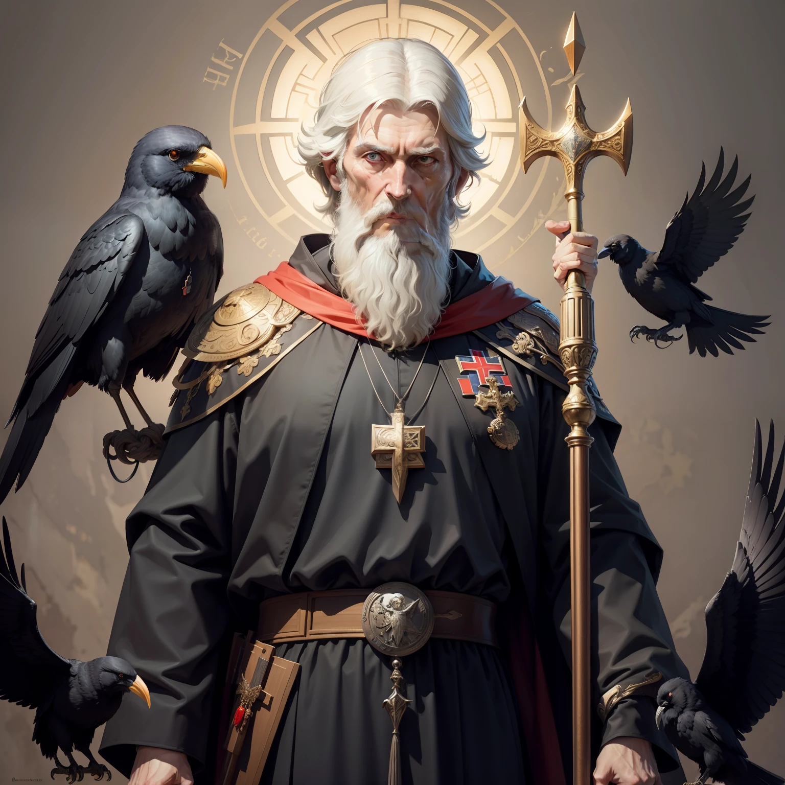 "Draw St. Benedict holding a staff, with a crow on his shoulder and the medal of St. Benedict on his chest, emanating wisdom and protection."