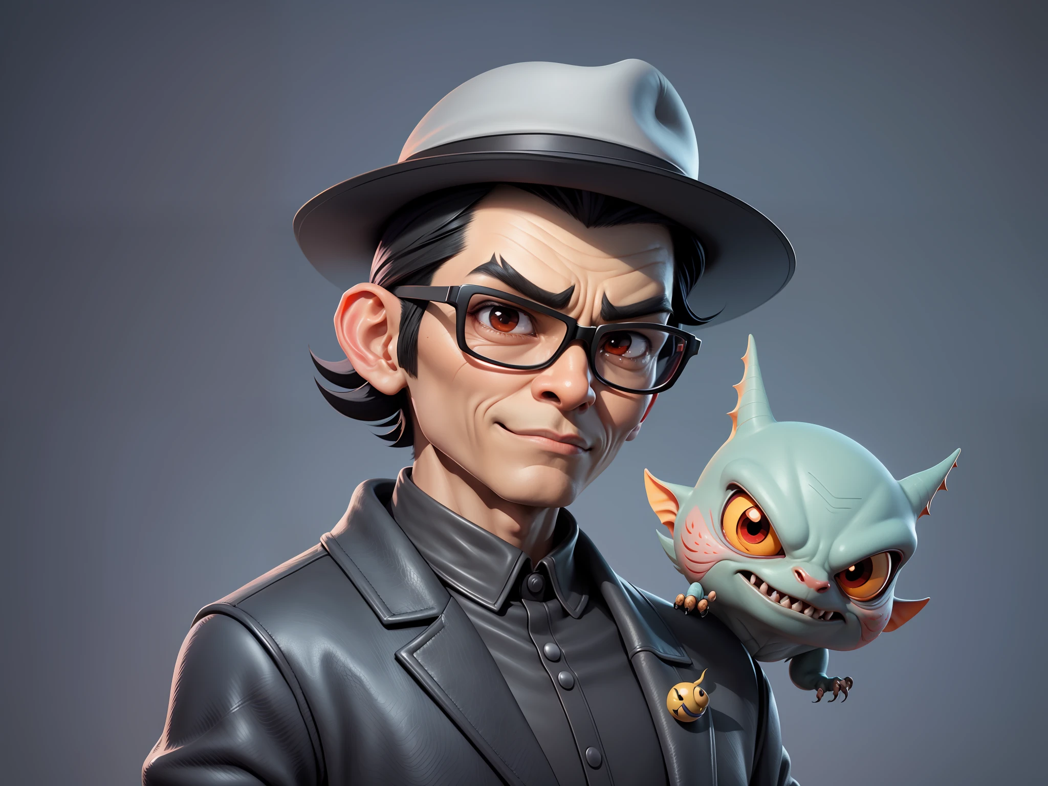 Young man with oriental face in leather hat, dragon, formal suit, short black hair, silver glasses, digital painting, 3D character design by Mark Clairedon and Pixar and Hayao Miyazaki and Akira Toriyama, the illustration is a high-definition illustration in 4K resolution with very detailed facial features and cartoon-style visuals.