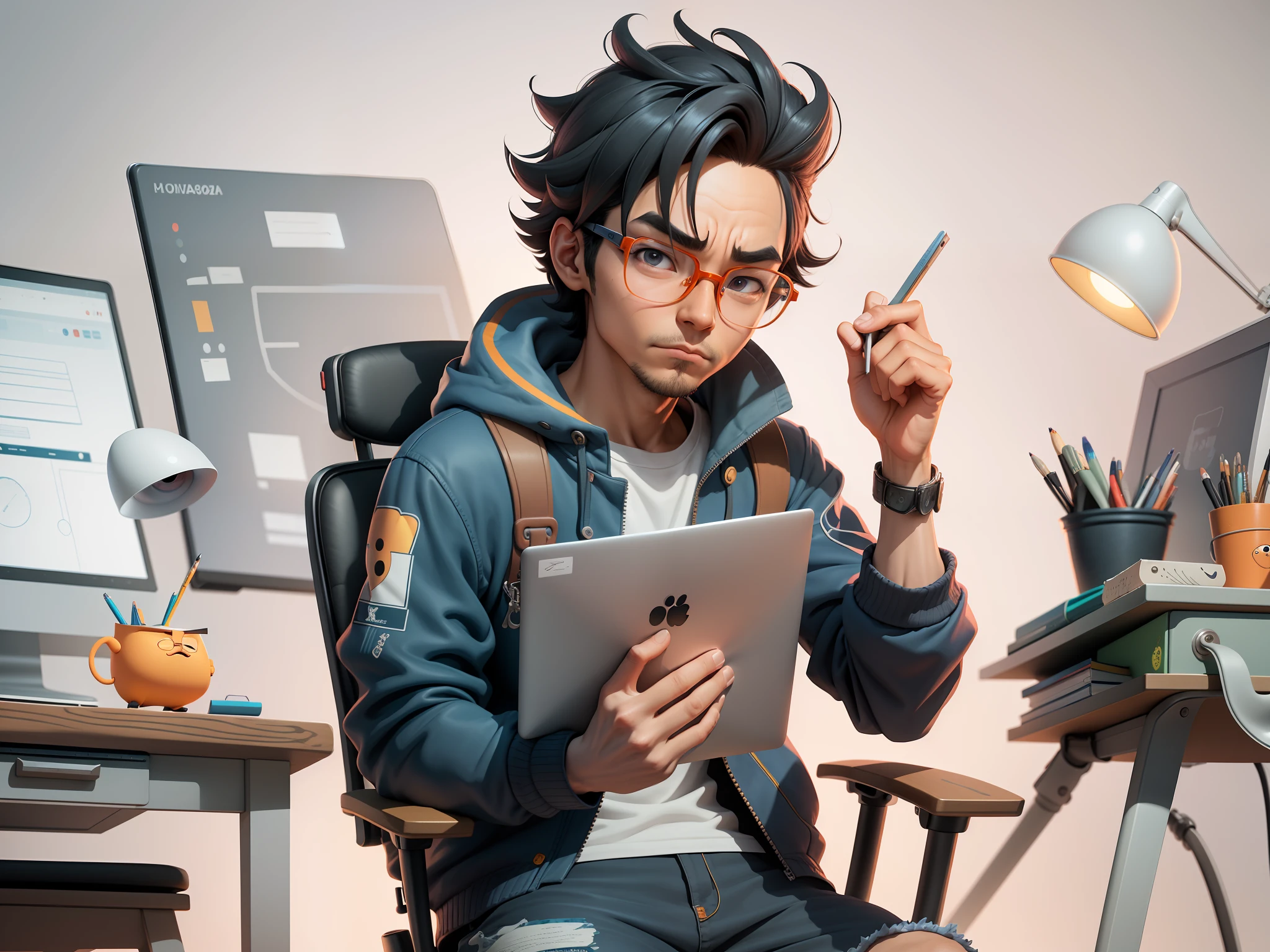 A young man with glasses sits at his desk，holding laptop，digitial painting，3D character design by Mark Clairen and Pixar and Hayao Miyazaki and Akira Toriyama，4K HD illustration，Very detailed facial features and cartoon-style visuals。