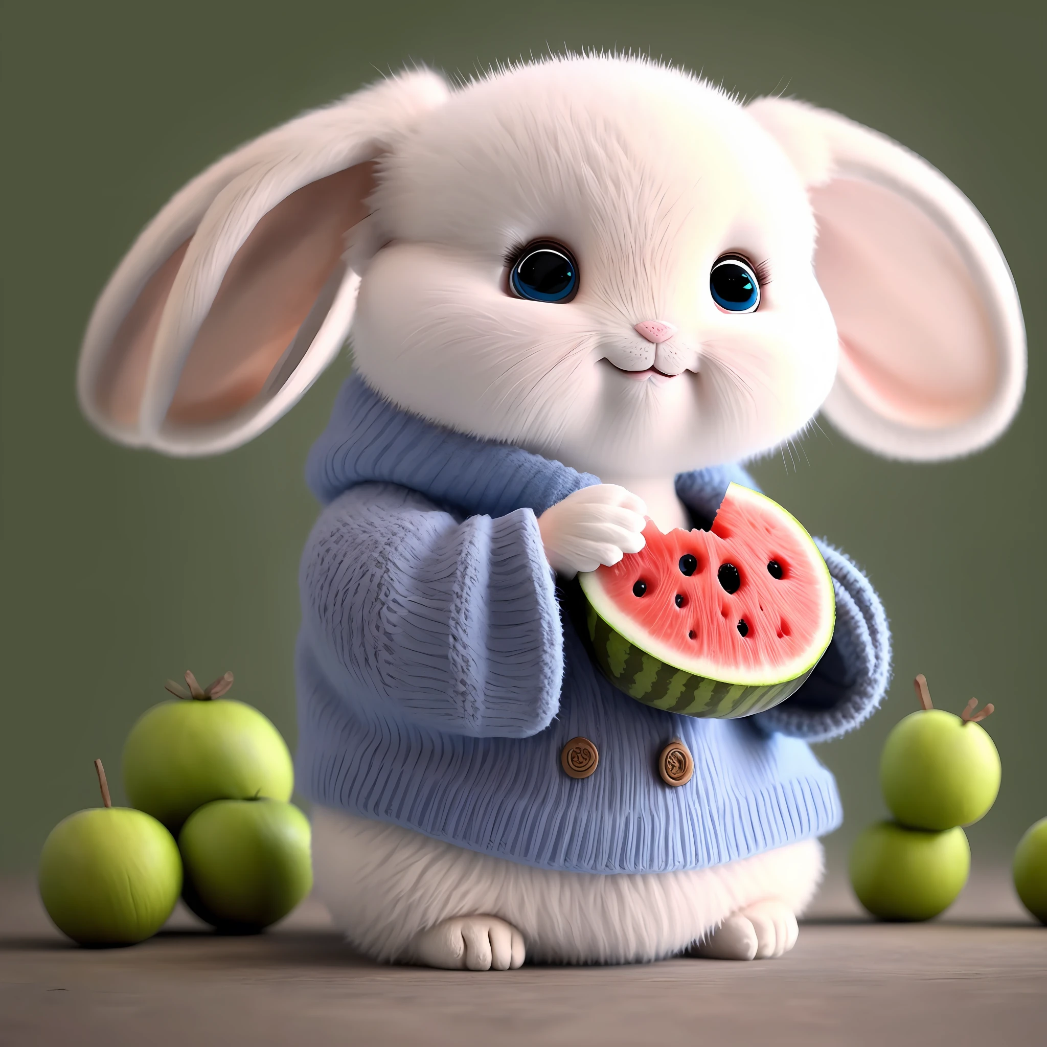 A pink small rabbit , eating watermelon , big blue eyes, very cute, on the grows