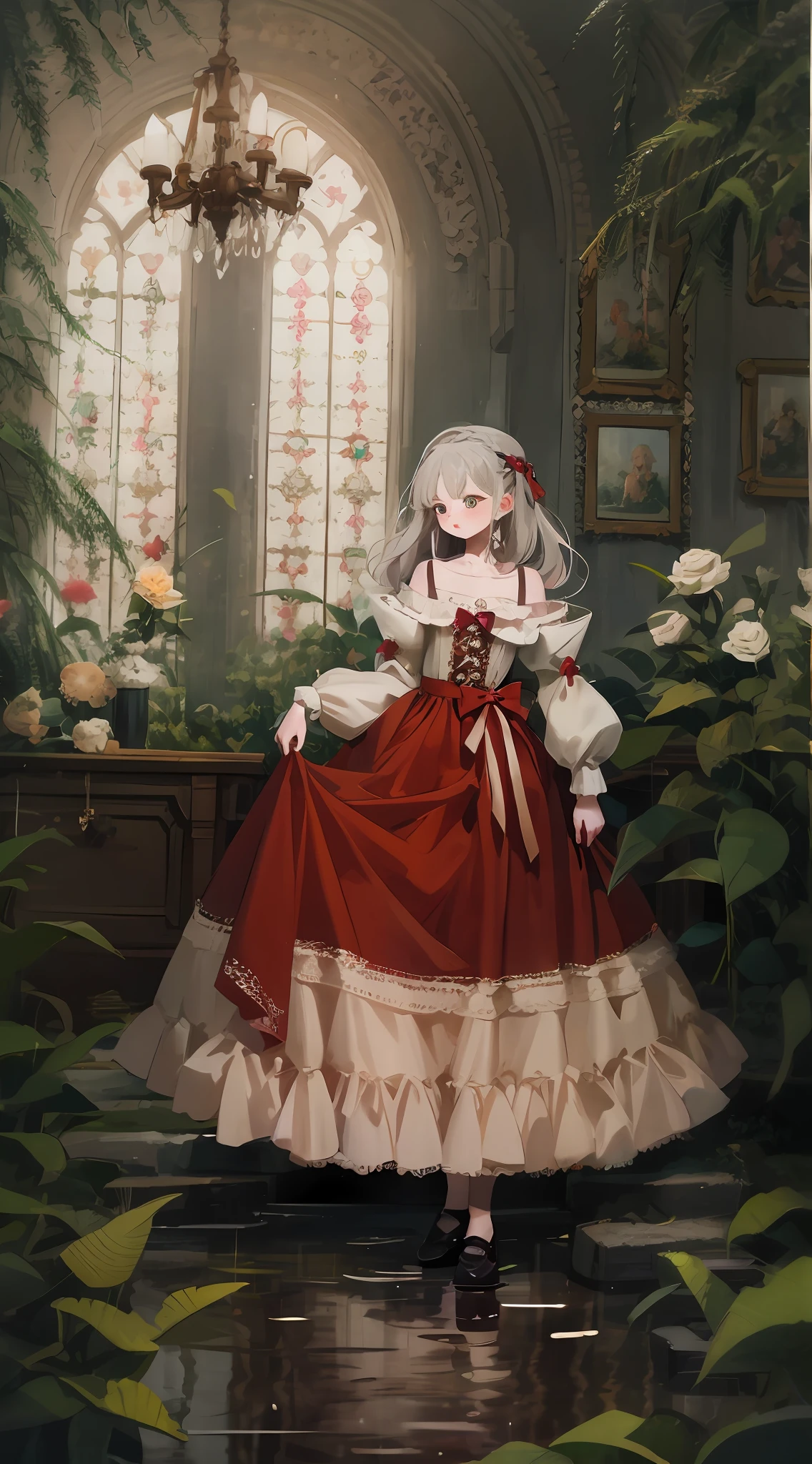 softlighting,soft focus,Hazy picture,Huge stained windows,flood,1girll,Golden birdcage,Thorny vines,Red butterfly,mitts,(very intricate),Exquisite,Complex hairstyles,long skirt,RococoStyle,Bow knot,Cross straps,Gorgeous dress,Large skirt,frilld,Love decoration,(Elegant vintage clothing design),rosette,whaite hair,long white hair,The brightness of the picture is high,Low contrast,The overall feeling is like an oil painting