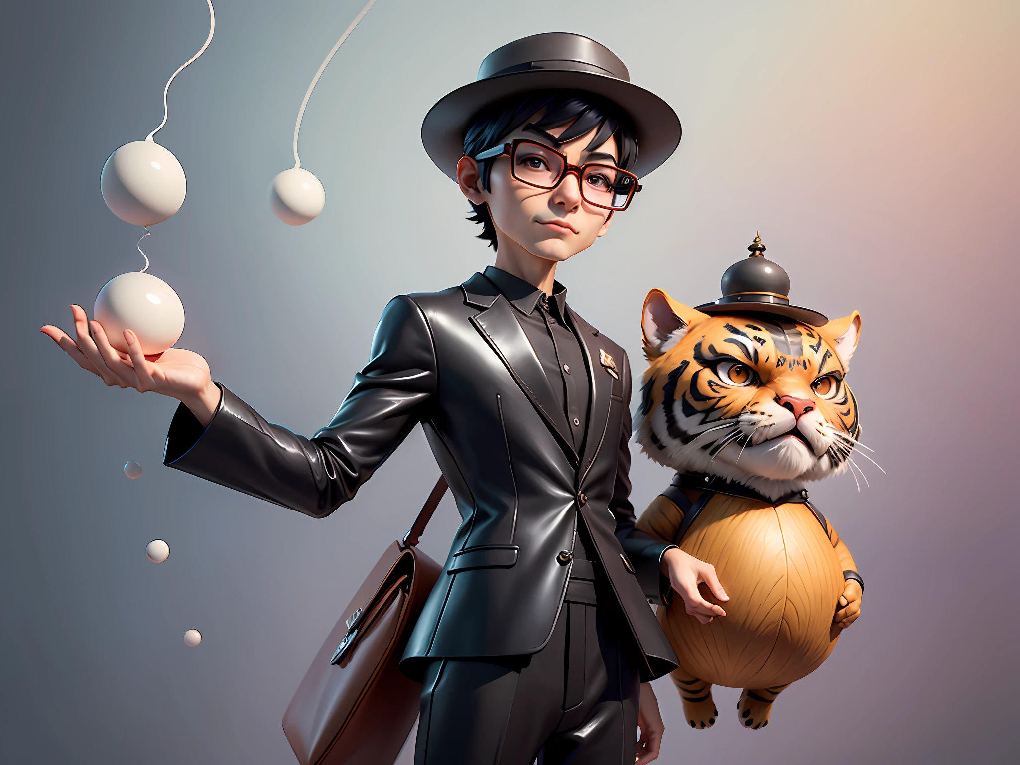 Young man with oriental face in leather hat, tiger, oriental face in formal suit, short black hair, silver glasses, digital painting, 3D character design by Mark Clairedon and Pixar and Hayao Miyazaki and Akira Toriyama, the illustration is a high-definition illustration in 4K resolution with very detailed facial features and cartoon-style visuals.