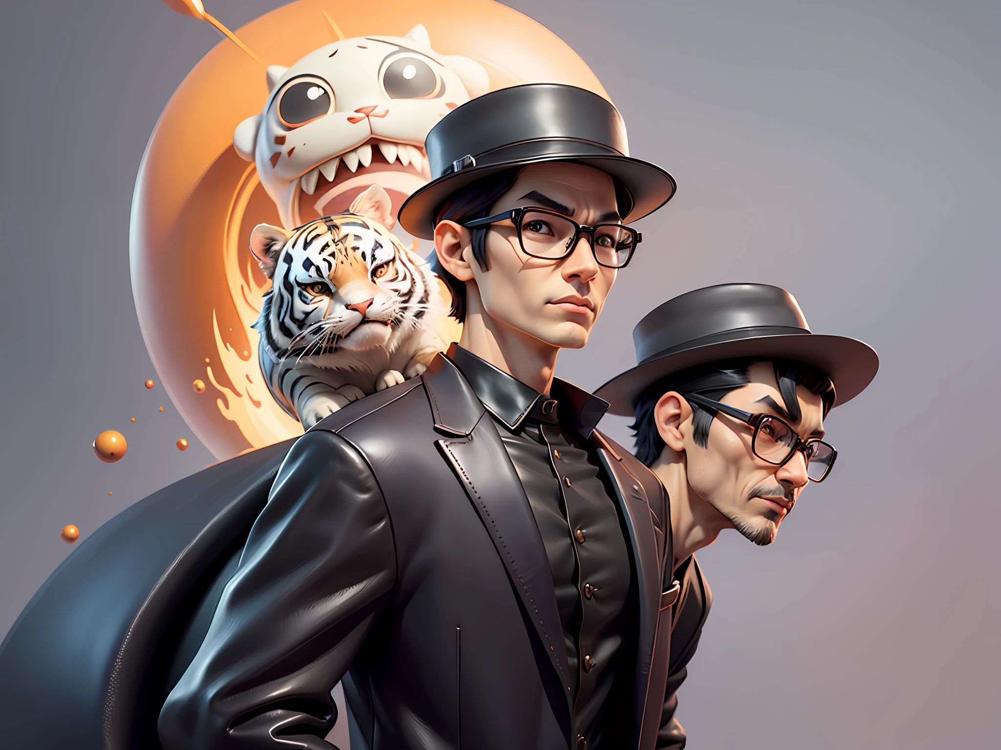 Young man with oriental face in leather hat, tiger, oriental face in formal suit, short black hair, silver glasses, digital painting, 3D character design by Mark Clairedon and Pixar and Hayao Miyazaki and Akira Toriyama, the illustration is a high-definition illustration in 4K resolution with very detailed facial features and cartoon-style visuals.