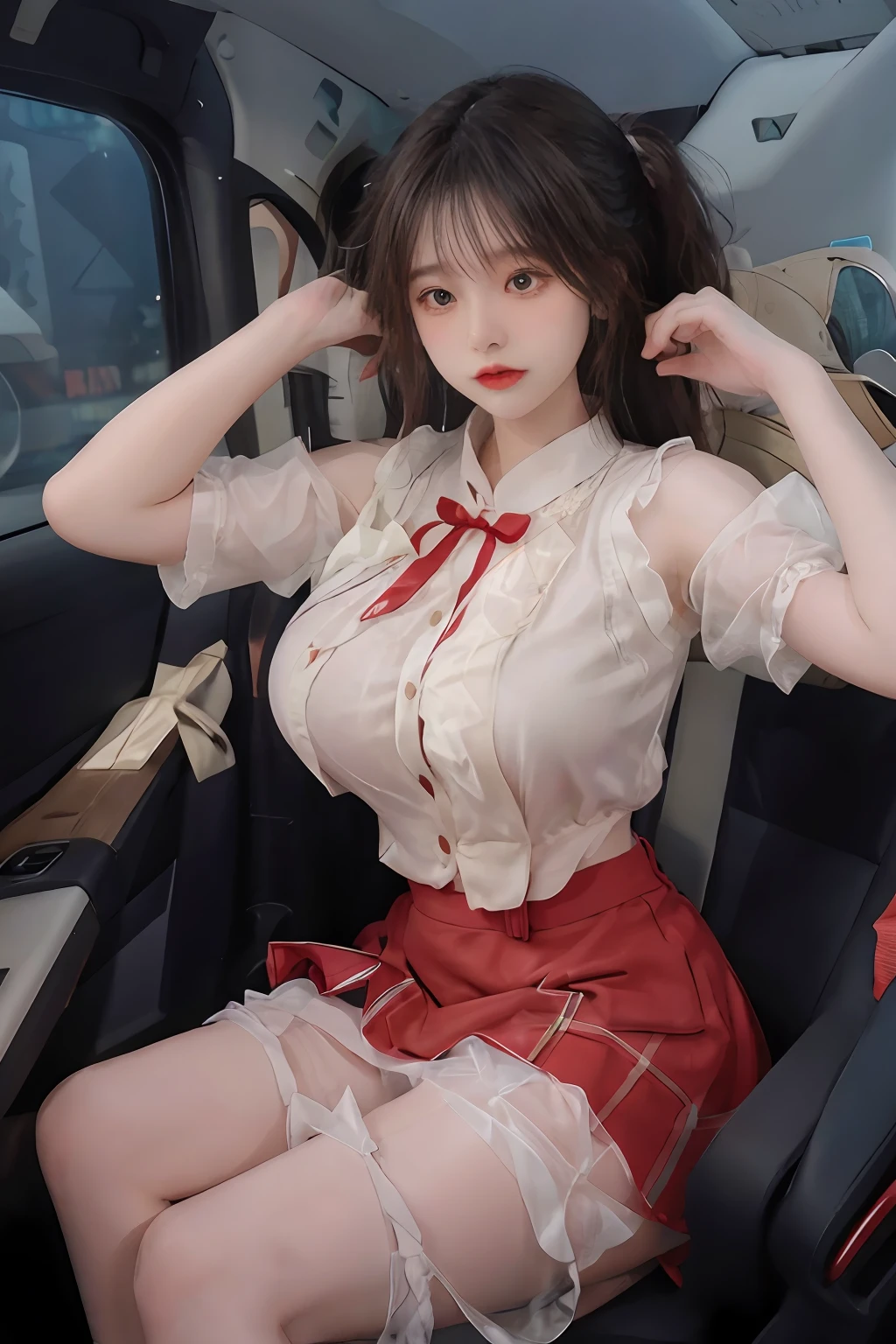 tmasterpiece:1.2,best qualtiy),hentail realism,(Real pictures,rich detail details,depth of fields),(1个Giant Breast Girl,独奏),putting makeup on,high detal,Perfect face shape,(:1.4),(dent in the skin),Thigh thick,Wide hips,Thin waist,highr,coral,Redlip,red eyes,pony tails(Kizi,Shallow tulle,Tulle transparent),(sweat leggs:1.2),(dampness),Raised sexy,Be red in the face,(shyexpression), vests,Harnes,belly-bar,shorter pants,Yoga pants for,Tight skirt,skin-tight short-pants,White stockings,pyjamas,pleatedskirt,Skirt,Skirt that wraps hips,There are flowers on the clothes,
