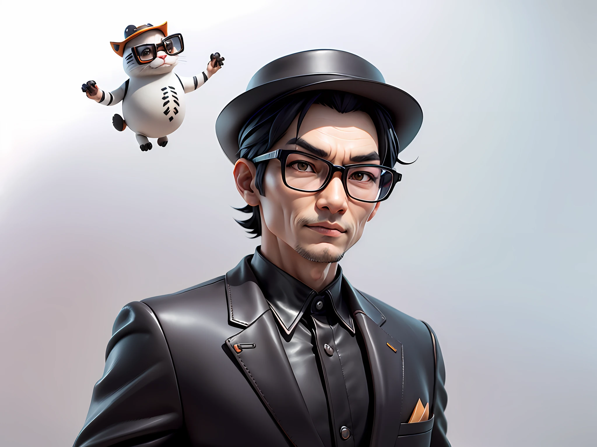 Young man with oriental face in leather hat, tiger, oriental face in formal suit, short black hair, silver glasses, digital painting, 3D character design by Mark Clairedon and Pixar and Hayao Miyazaki and Akira Toriyama, the illustration is a high-definition illustration in 4K resolution with very detailed facial features and cartoon-style visuals.