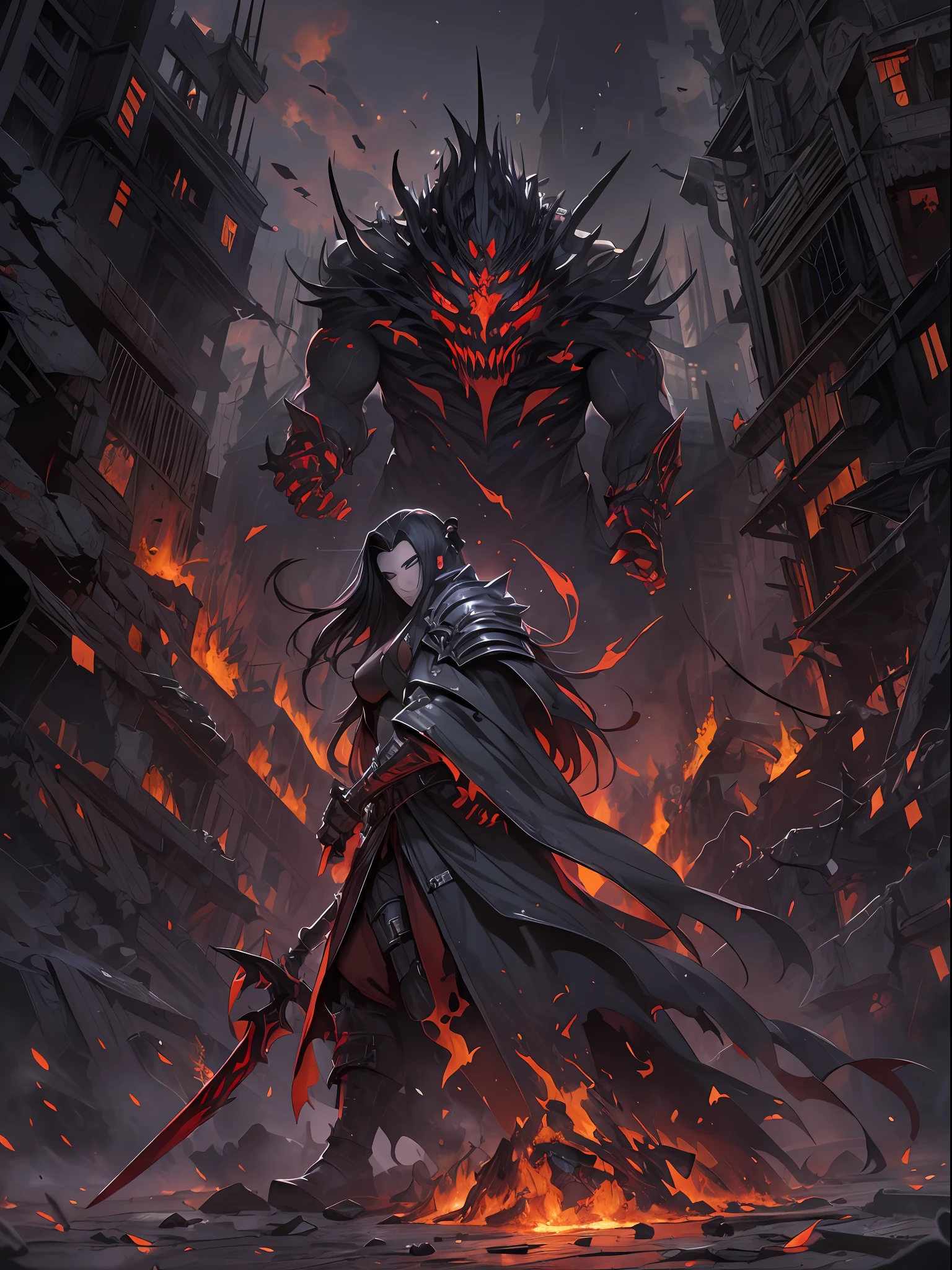 Hombre grande,marcas y simbolos por el cuerpo,pelo largo y  lanco,capucha roja,Espada gigante de almas en pena,oscuro,almas,guantes demoniacos,armadura masiba,armadura de almas en pena,demonio, Fuego, caballo infernal de fuego y lava,ojos rojos,ojos azules brillante, infierno, apocalyptic,fin del mundo, Lado oscuro,ruina, guerra, Darksiders , ERA (Darksiders), obra dearte,guerrero,enviado del infierno,Horseman of the Apocalypse,muerte,sangre,destruccion,hambre,lucha,furia,ciudad debastada,edificios en ruinas,calles destruidas,pobo y particulas en el aire,muchas victimas alrededor,demonios muertos,demonios descuarisados y sangrando,espada clabada,espada enterrada,espada con sangre,mirada aterradora,misterio