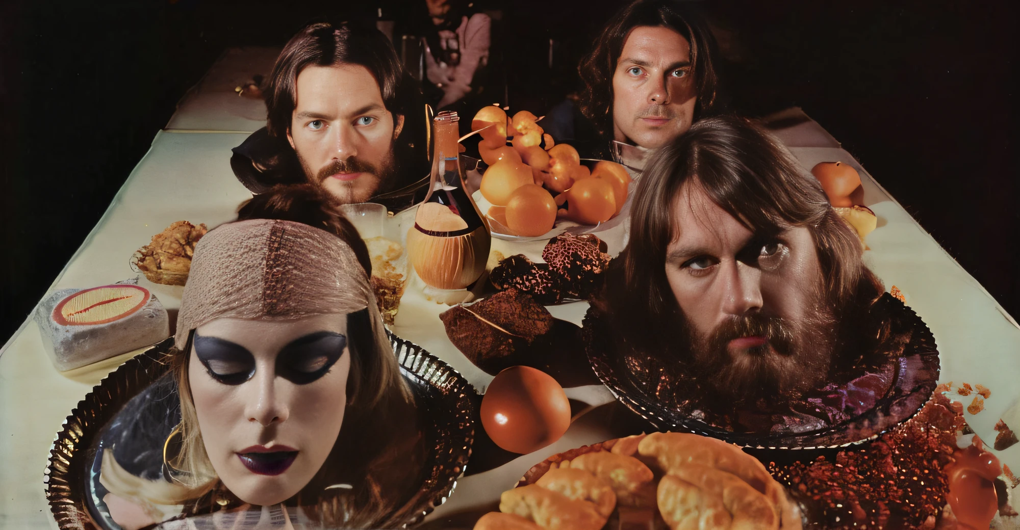 There are three people sitting at a table with food and a cake, Foto de 1970 da revista Live, Alta - Fantasia, alta fantasia, olhos de torta, Moebius e Dan Hillier, Tangerine Dream album cover, banda rush, alta fantasia, 1 9 7 0 fotografia a cores, taken in the 1970s, Scarfolk, Pink Floyd