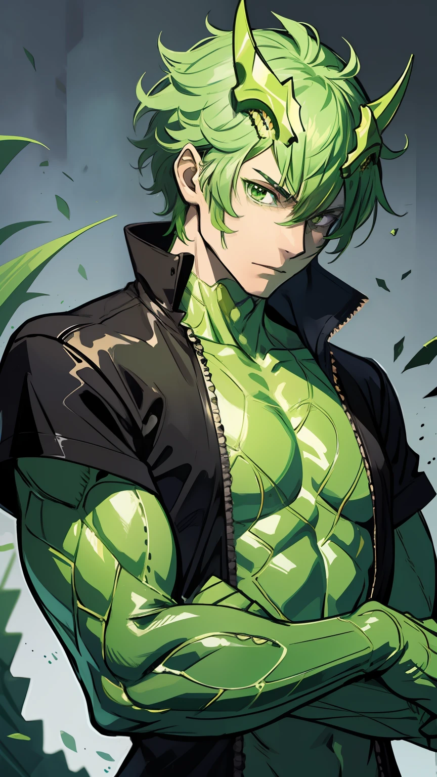Generate an upper body portrait of an anime-style character that combines the features of a man and an alligator. The character has green crocodile-like scales scattered across his skin, face, and body parts. Despite the crocodile's characteristics, make sure its humanoid aspects remain prominent. The character's design should reflect the distinctive characteristics of a crocodile, but maintain a balance with its human side. Add a large amount of green crocodile scales. He wears a black t-shirt.