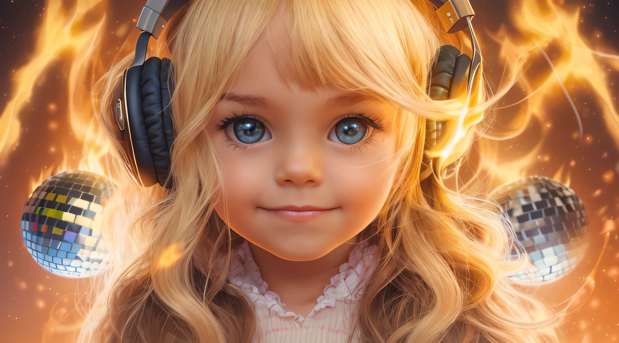 mENINA CHILD BLONDE LONG HAIR USING a headphone , fire, thunderbolt, segurando uma disco ball