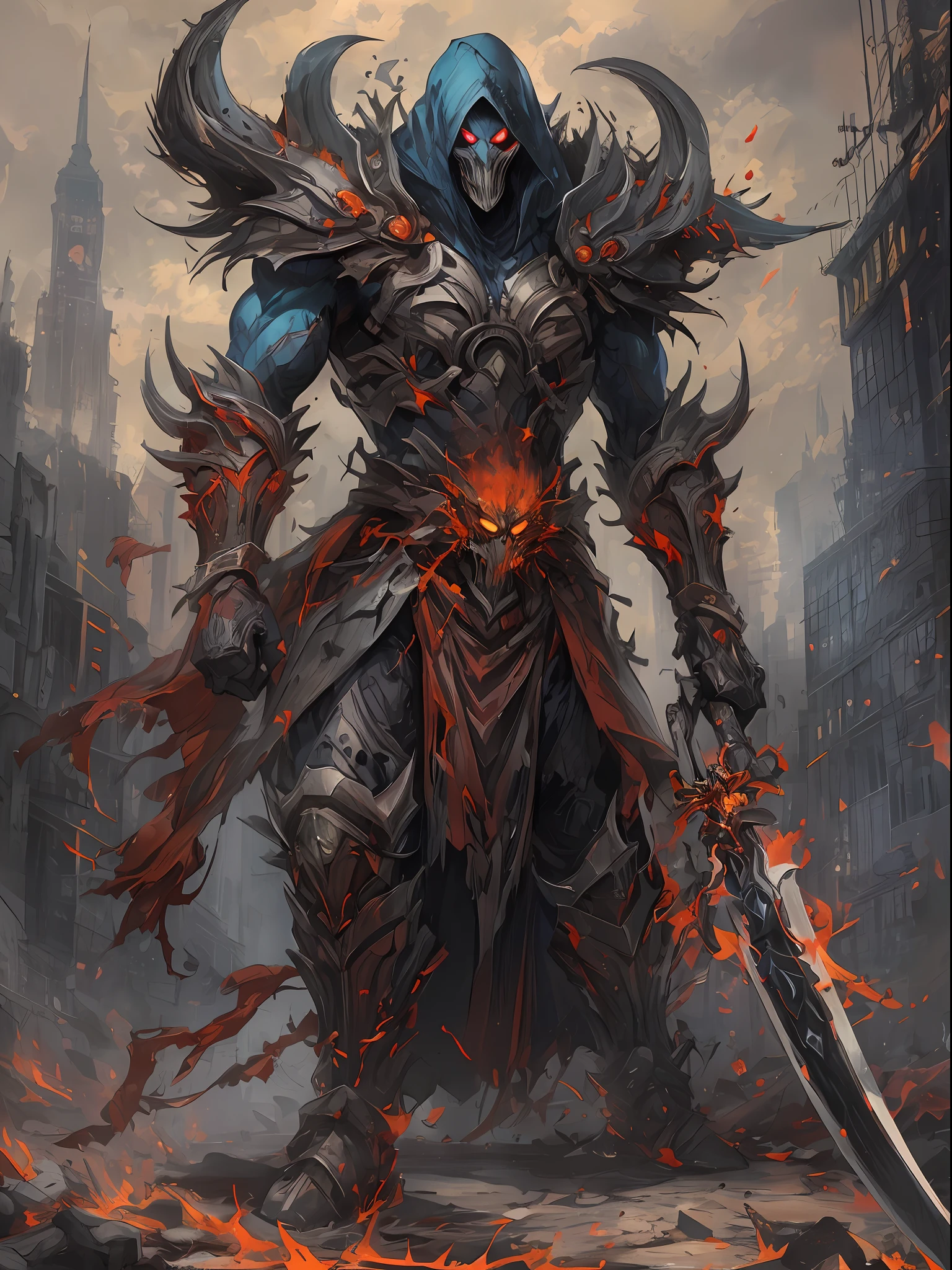 Hombre grande,marcas y simbolos por el cuerpo,pelo largo y lanco,capucha roja,Espada gigante de almas en pena,oscuro,almas,guantes demoniacos,armadura masiba,armadura de almas en pena,demonio, Fuego, caballo infernal de fuego y lava,ojos rojos,ojos azules brillante, infierno, apocalyptic,fin del mundo, Lado oscuro,ruina, guerra, Darksiders , ERA (Darksiders), obra dearte,guerrero,enviado del infierno,Horseman of the Apocalypse,muerte,sangre,destruccion,hambre,lucha,furia,ciudad debastada,edificios en ruinas,calles destruidas,pobo y particulas en el aire,muchas victimas alrededor,demonios muertos,demonios descuarisados y sangrando,espada clabada,espada enterrada,espada con sangre,mirada aterradora,misterio
