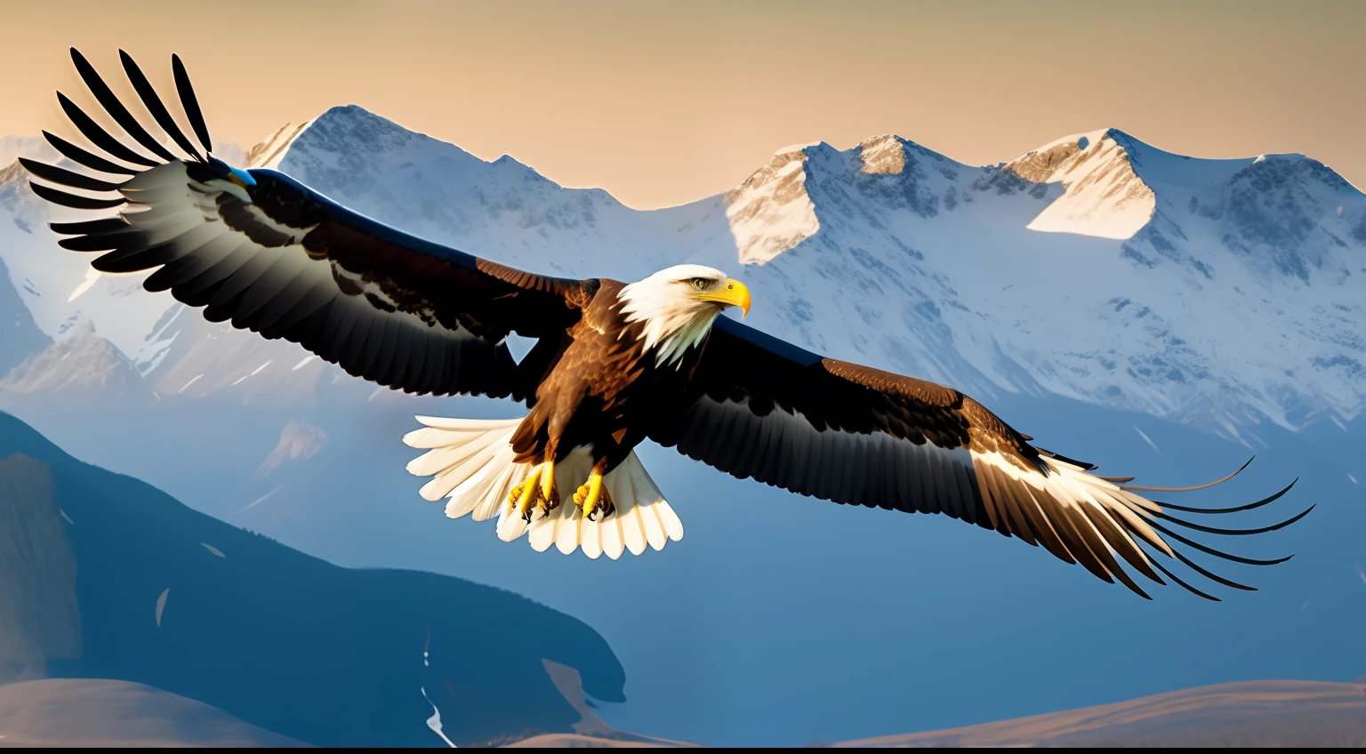 In a sweeping cinematic shot, the ultra-realistic eagle soars effortlessly over rugged mountain peaks, capturing the essence of nature's beauty.