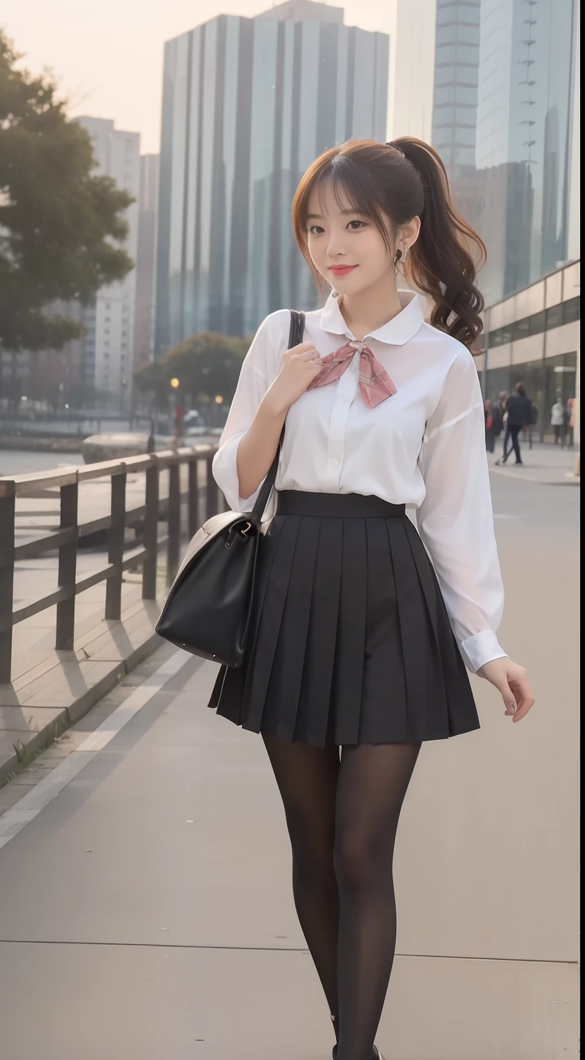（One student 1.5），（true to life，Photorealistic 1.5）,((best qualtiy, 8K, tmasterpiece:1.3)),SLR camera (二重まぶた，largeeyes:1.3),（smile1.5），（Full body photo 1.5）（One person 1.5）Clear focus 1.2, Perfect body beauty:1.4 , Delicate skin1.1，（Brown ponytail 1.6），（Wavy curls 1.4），（Pure desire 1.3）(Black pantyhose 1.5)（The leg length is one meter two，1.5），White shirt，Bow knot，Pleated skirt leg slim，high-heels，With earrings，bangle，Riverside wooden bridge