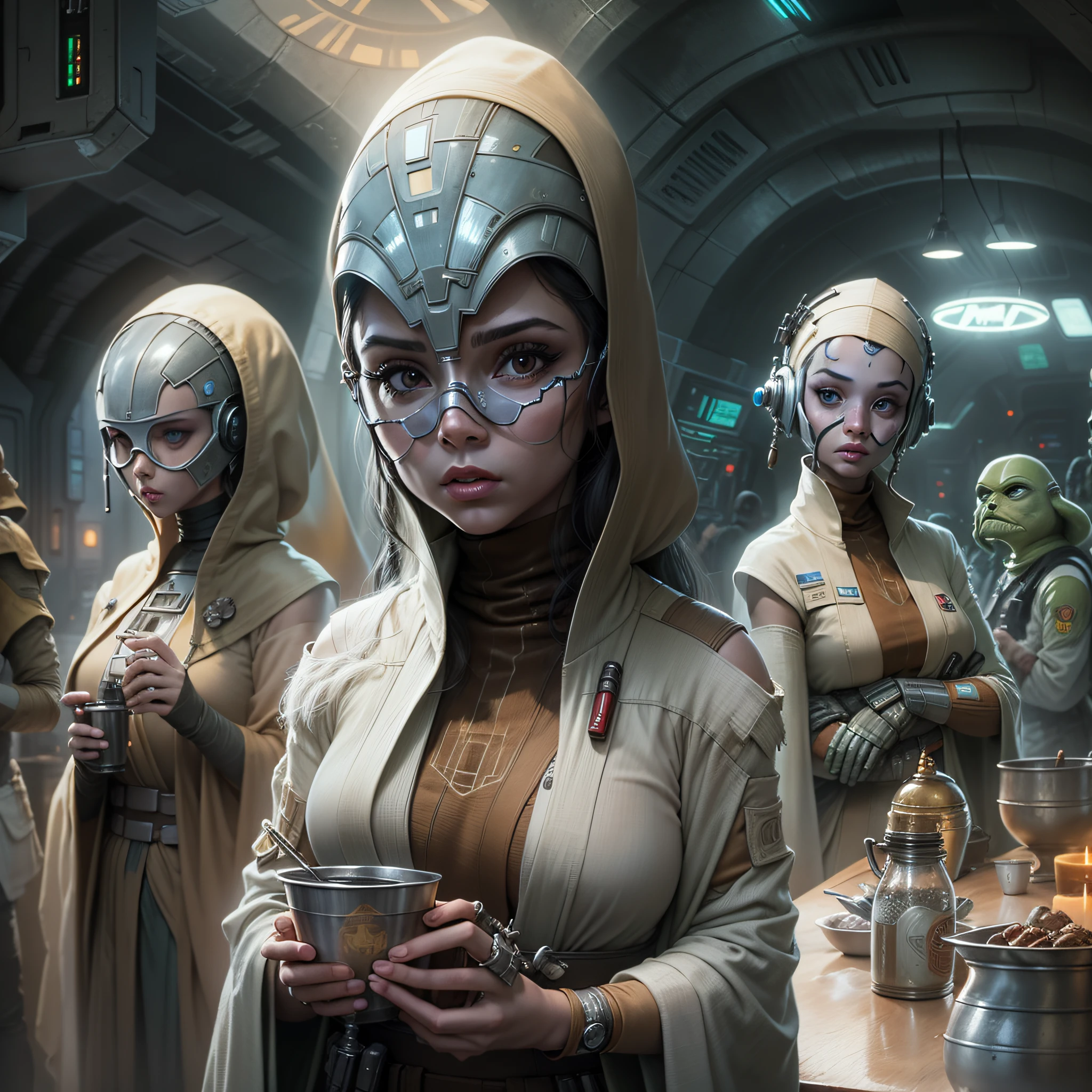 mujeres extraterrestres alienigenas al estilo star wars, se encuentran en una cantina ultramoderna de la ciudad de coruscant.
