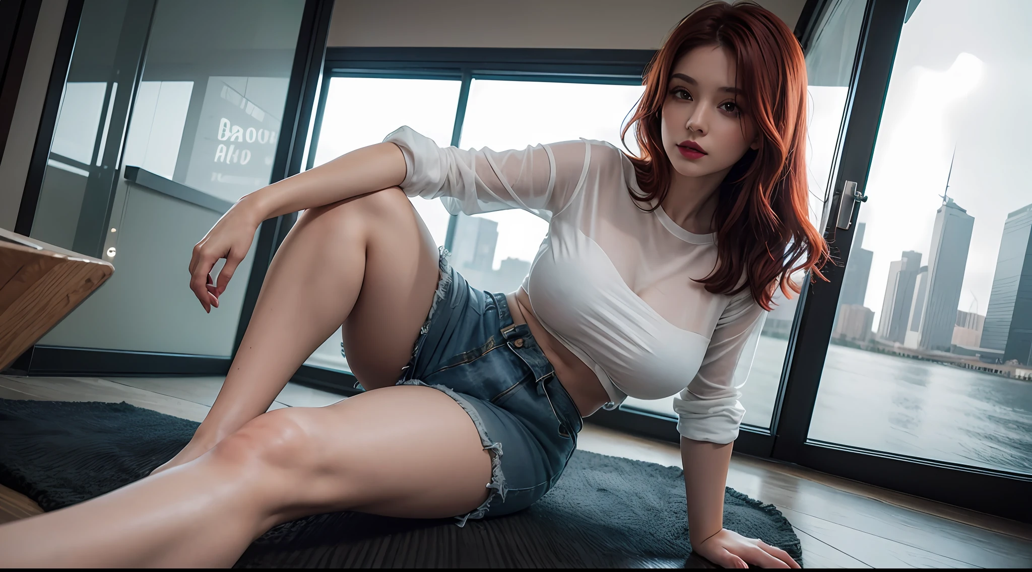 (8k, RAW photos, highest quality, masterpiece: 1.2). (Realistic, Photorealistic: 1.37). 1girl, red hair, green eyes, wearing plain white shirt, denim shorts, city, absurdres, masterpiece, looking at viewer. Professional lighting. Photon mapping. Radio City. Big tits. See-through shirt. Lots of lashes. Pure black eyeshadow. Pitch black lip. Pitch black heels.
