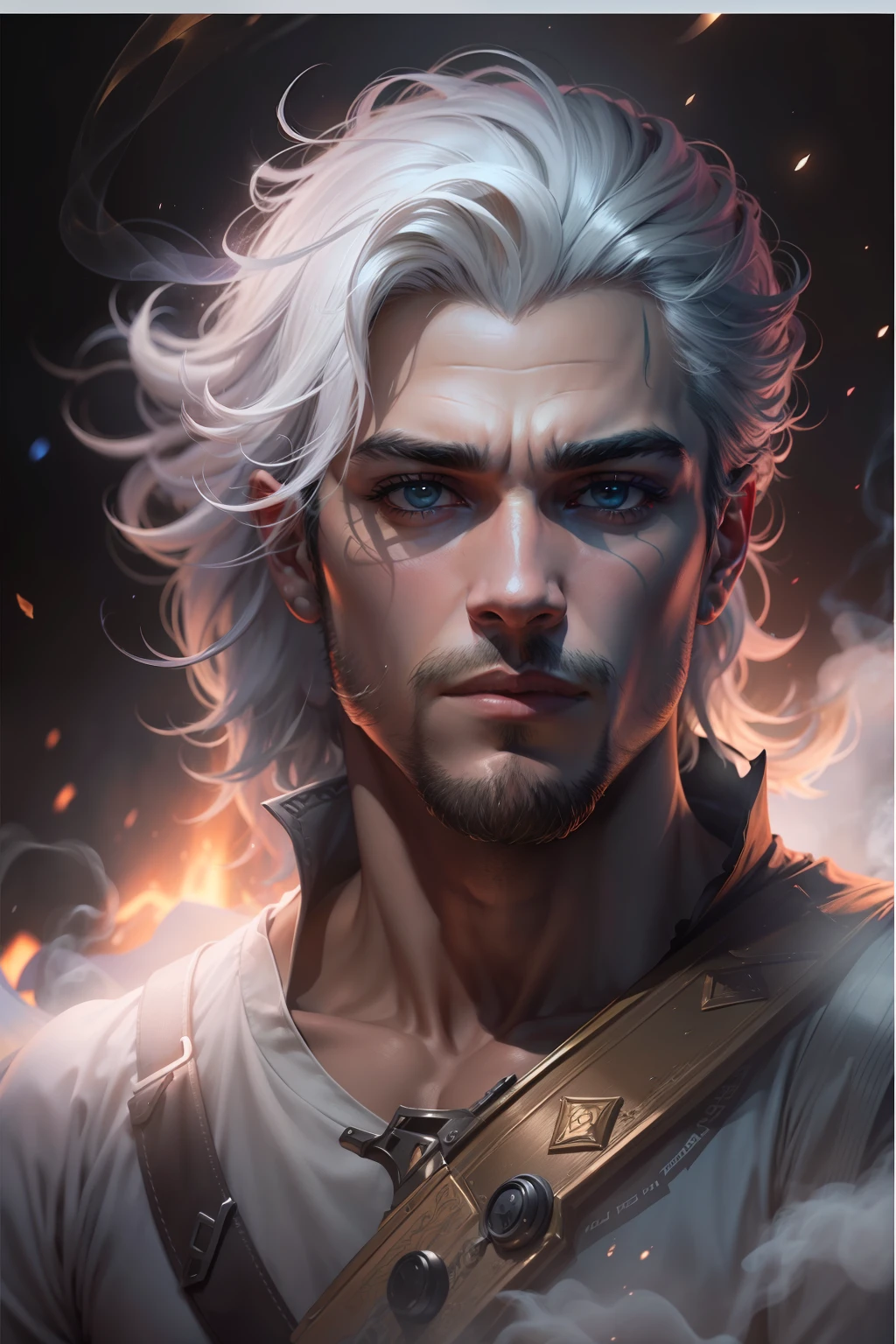 An ultra-realistic art with a completely cinematic style, cheio de luzes e sombras, smoke and backlight of a handsome and expressive young man with white hair, Like a medieval bard in the middle of a galaxy in the universe, Create an artistic image, abusando das sombras e luzes bem alocadas;, cores impacto expressividade 8k como uma imagem para banner de um game