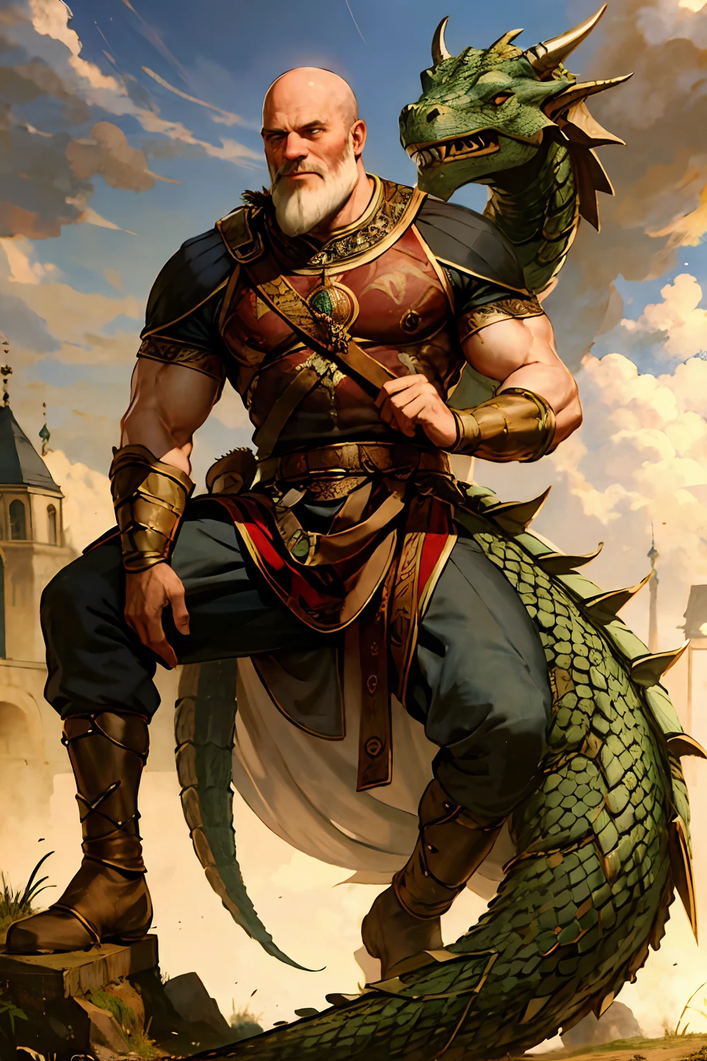 Bald beard muscular médiéval handsome prince on back of medieval dragon