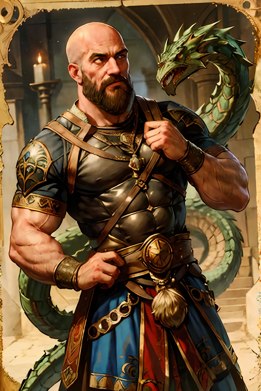 Bald beard muscular médiéval handsome prince on back of medieval dragon